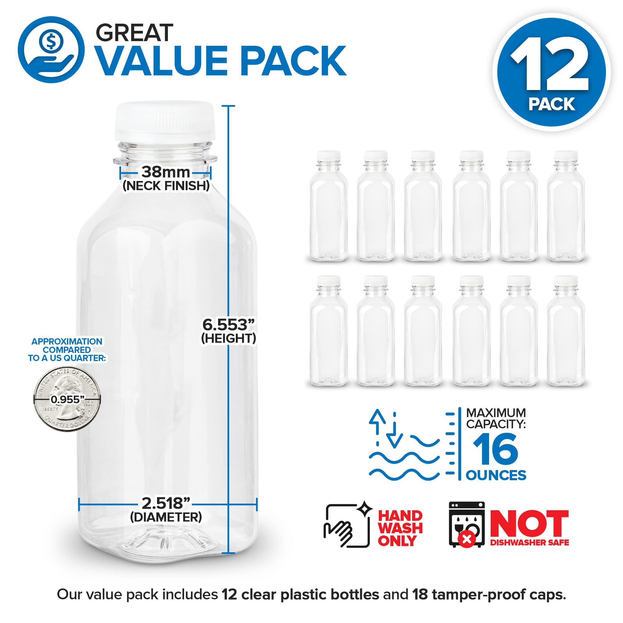 **16 oz Clear Reusable Plastic Juice Bottles with Lids - 12 Pack for Juicing, Smoothies, Water & Storage | Perfect for Mini Fridges, Juicer Shots, Bulk Drink Containers & On-the-Go Hydration**