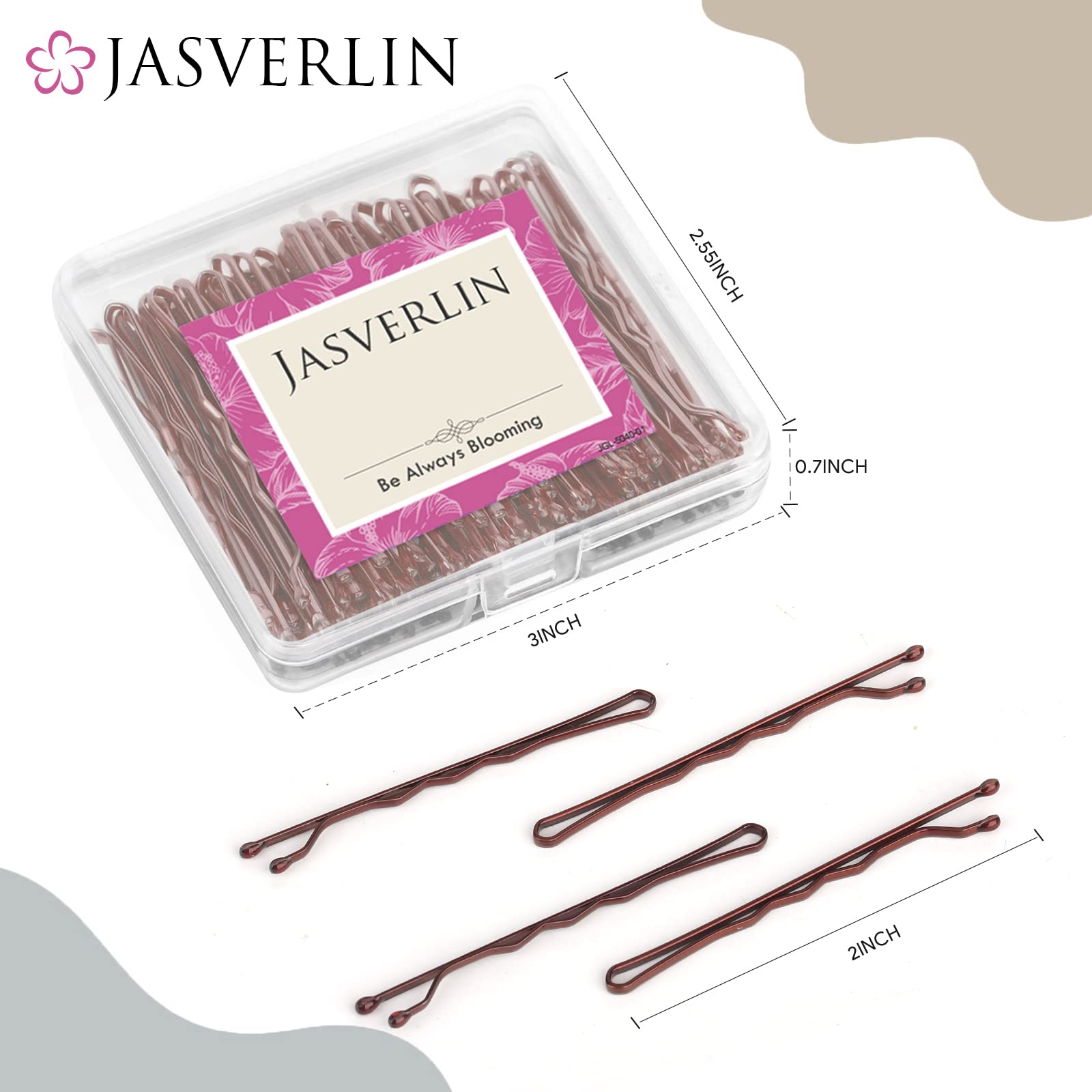 JASVERLIN Large Bobby Pins - 100pcs Brown Hair Clips for Women & Girls (2 3/8 Inch) - Strong Hold, Slide-Proof Hair Accessories for Buns, Braids & Updos - Bulk Pack for Salon, Wedding & Everyday Use