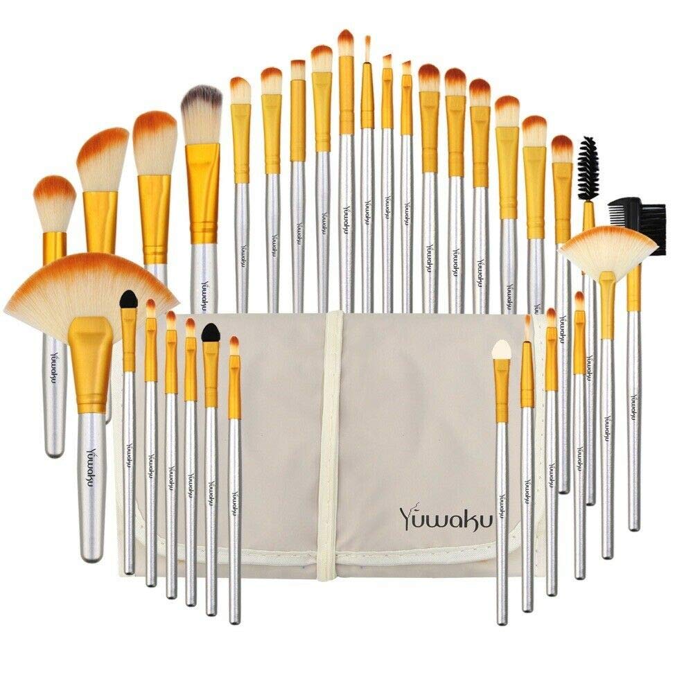 32-Piece Professional Makeup Brush Set for Foundation, Powder, Eyebrow & Contouring - Premium Beauty Brush Kit with Travel Case (Champagne Gold) - Perfect for Makeup Artists, Beginners & On-The-Go Touchups