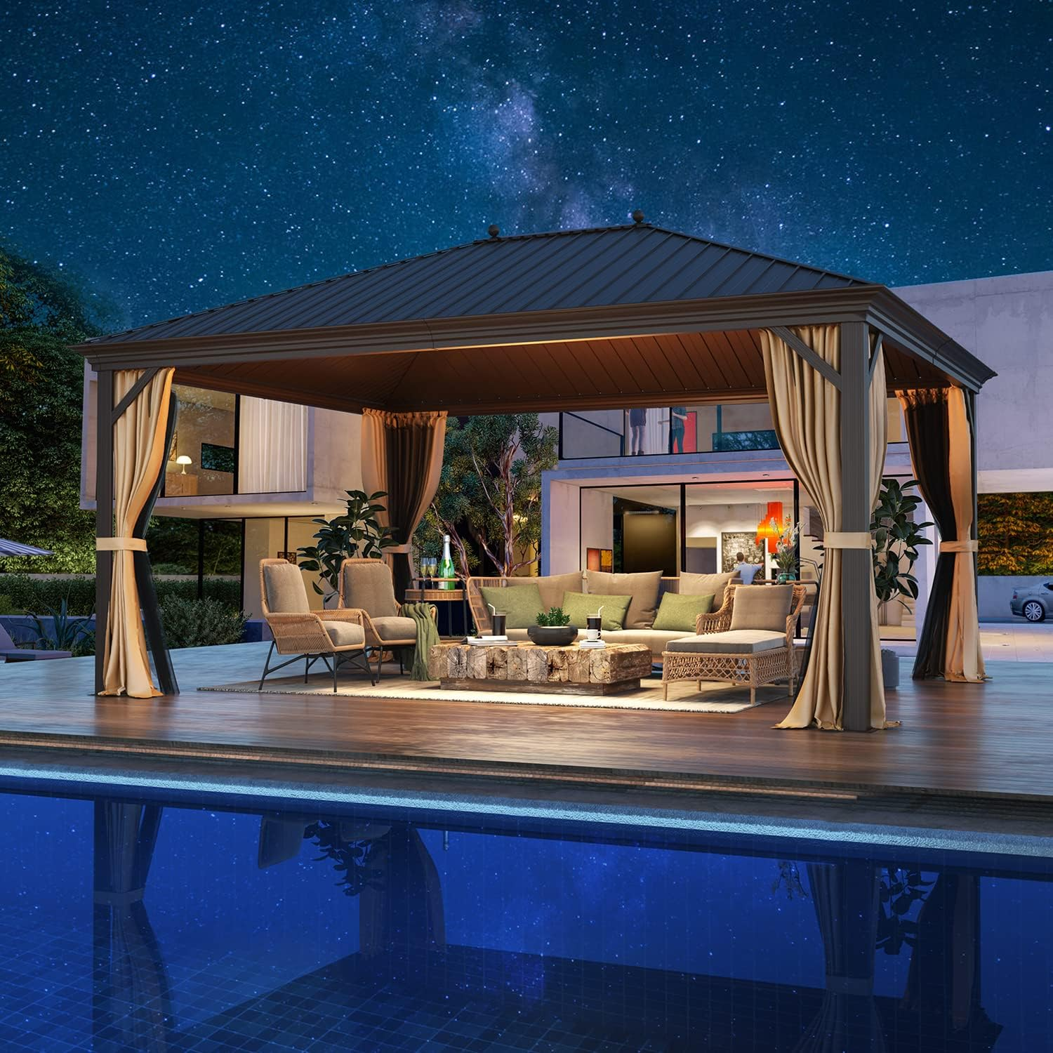 EROMMY 12' x 16' Hardtop Gazebo - Galvanized Steel & Aluminum Permanent Pavilion with Curtain & Netting, Brown - Perfect for Backyard, Patio, Garden, and Outdoor Entertaining