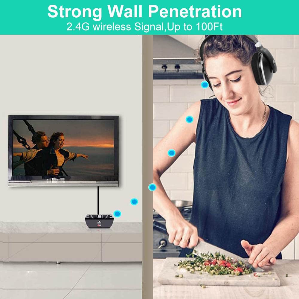 MONODEAL Wireless TV Headphones with Charging Dock - 2.4GHz RF Over-Ear Headphones for Seniors, 100ft Range & 20H Rechargeable Battery - Perfect for Nighttime TV Watching Without Disturbing Others (Black)