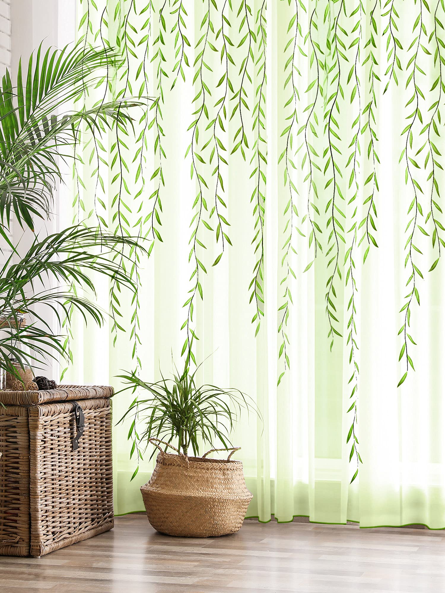 Breling Willow Voile Curtains - Elegant Green Leaf Tulle Sheer Window Drapes for Living Room, Bedroom, Balcony (4 Panels, 39.4 x 106.3 Inches) | Light Filtering, Privacy, Home Decor | Perfect for French Doors, Bay Windows & Nursery Decor