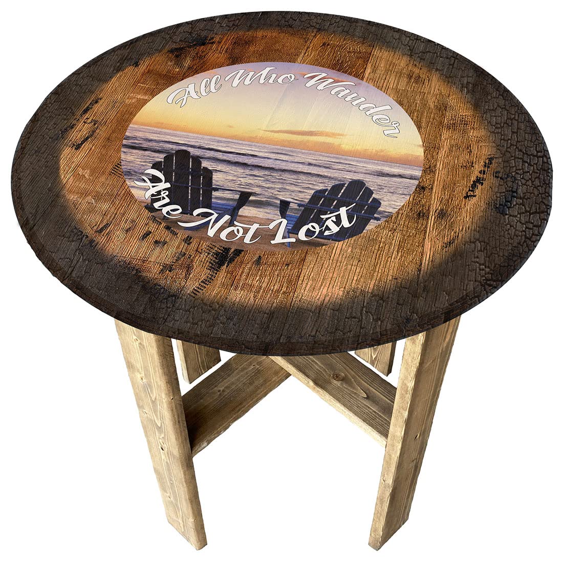 Rustic Whiskey Barrel End Table - Round Farmhouse Side Table for Beach House Decor, Coastal Living Room & Patio Furniture - Perfect for Beach Chairs, Porch, and Outdoor Relaxation