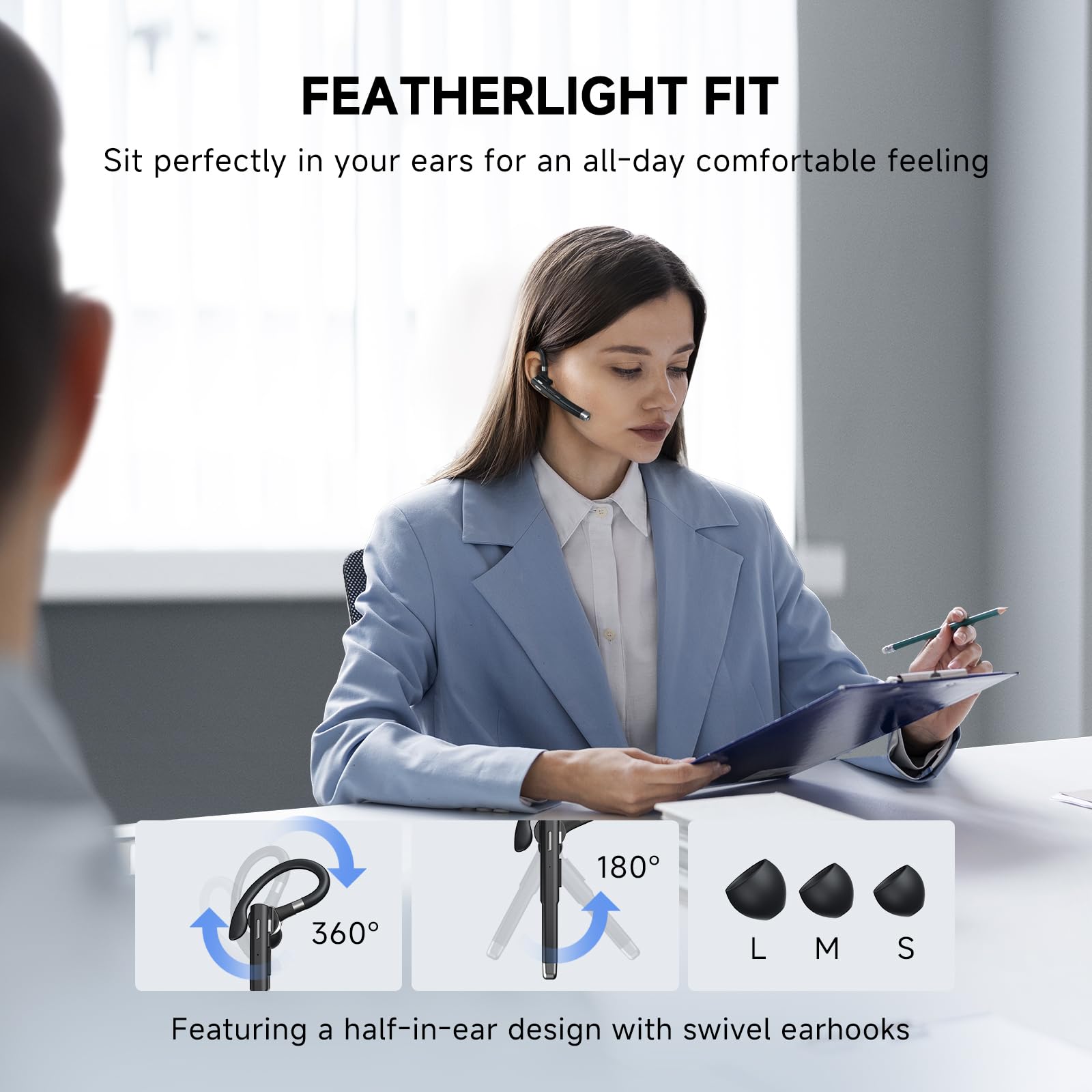 Wireless Bluetooth 5.3 Headset with Mic - 180 Hours Talk Time, Hands-Free Earpiece for Cell Phone & Computer - Built-in Microphone for Truckers, Office Work, Driving & Online Meetings (Black)