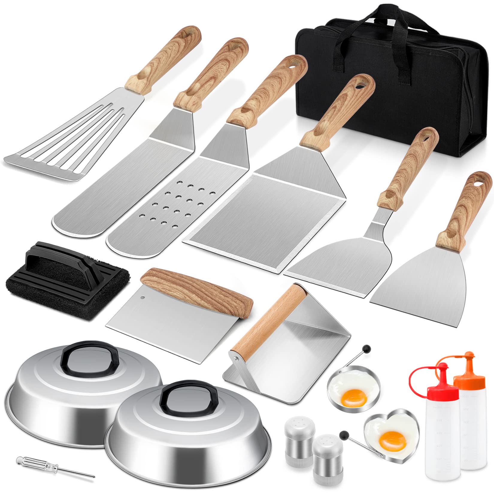 Joyfair 19-Piece Griddle Accessories Kit with Melting Domes - Stainless Steel BBQ Turners, Basting Cover, Burger Press & Scrapers for Flat Top Grill - Perfect for Outdoor Camping, Teppanyaki Cooking & Backyard BBQs - Includes Convenient Carry Bag