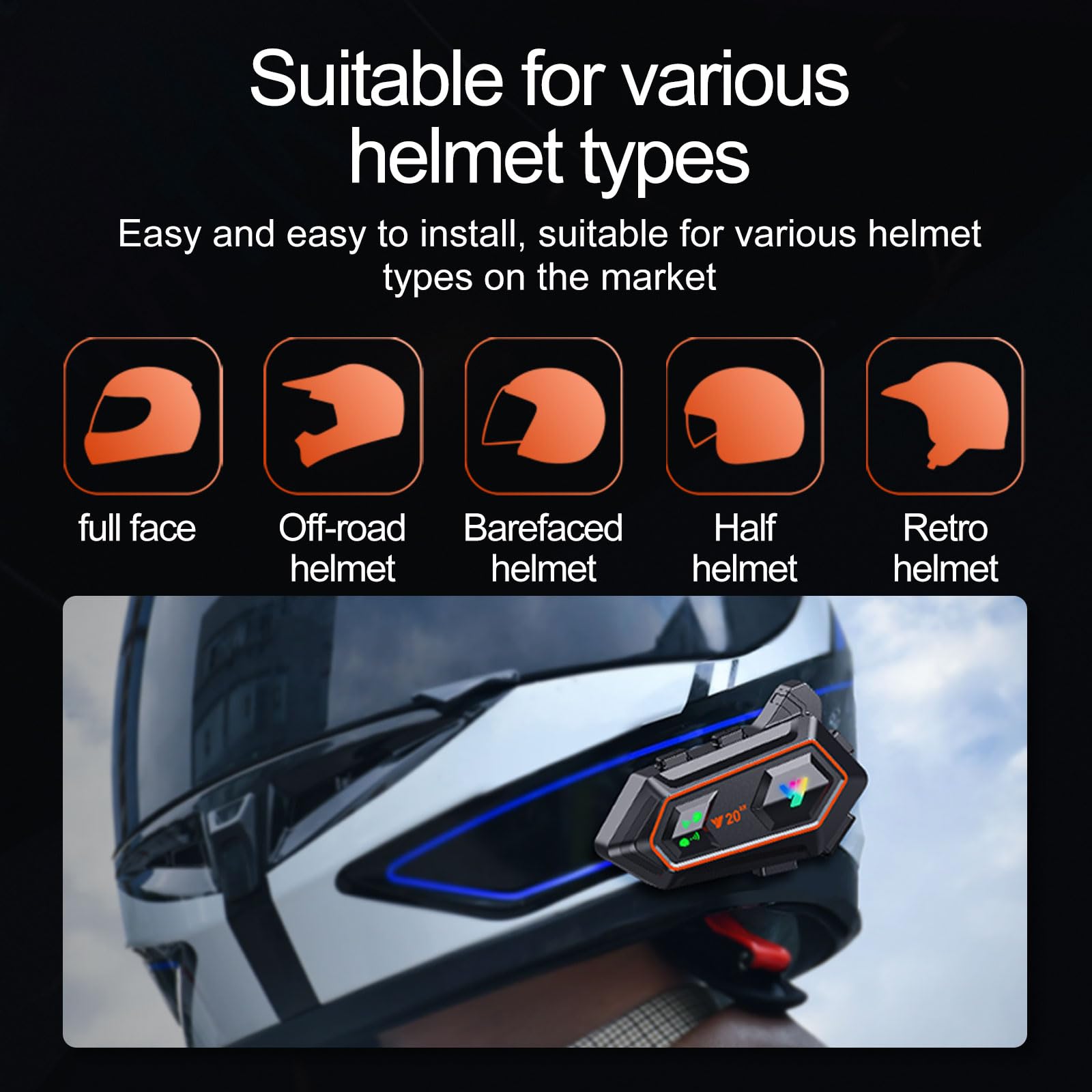 Y20-2X Motorcycle Bluetooth Headset with RGB LED Lights - Bluetooth 5.3 Helmet Headphones, Smart Noise Cancelling, HiFi Sound Quality, IPX6 Waterproof - Compatible with All Helmets for Safe Riding & Hands-Free Calls