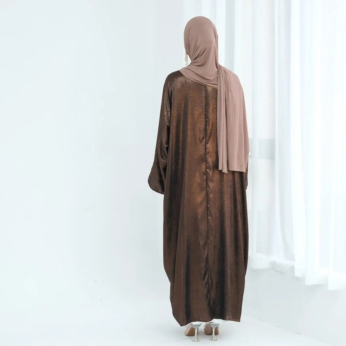 Shiny Beaded Cardigan Open Abaya Dress - Elegant Muslim Women's Cover-Up for Weddings, Parties & Special Occasions