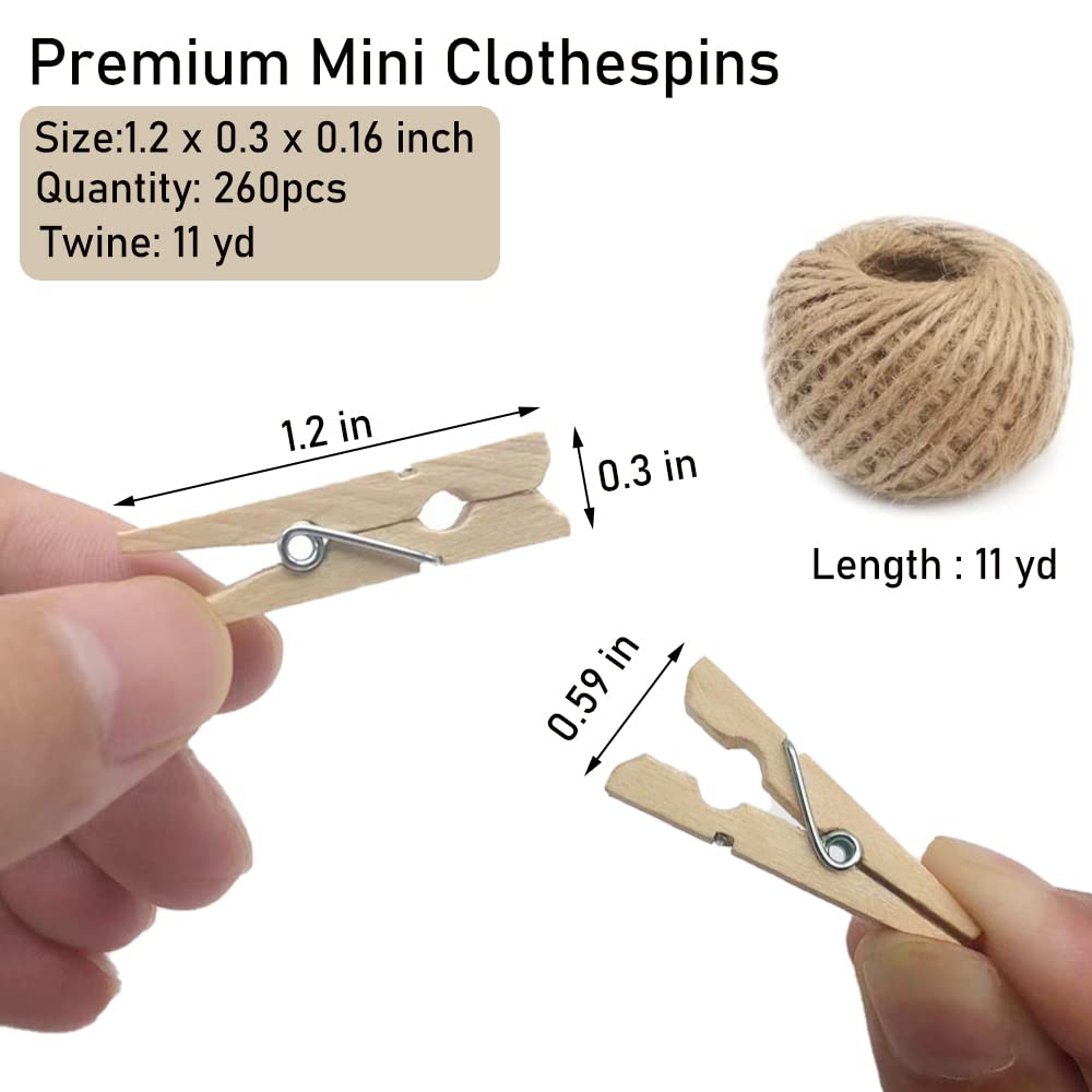 260-Piece Mini Wooden Clothes Pins with Jute Twine - Small Clothespins for Hanging Photos, DIY Crafts, Scrapbooking & Home Decor - Perfect for Laundry, Art Projects & Party Decorations