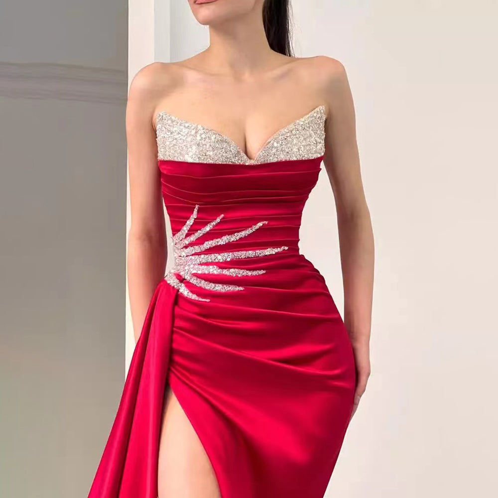 Elegant Pink Satin Beaded Mermaid Evening Gown with High Split Overskirt for Women - 2025 Party Dress LA71615 | Perfect for Prom, Gala, Wedding & Formal Events