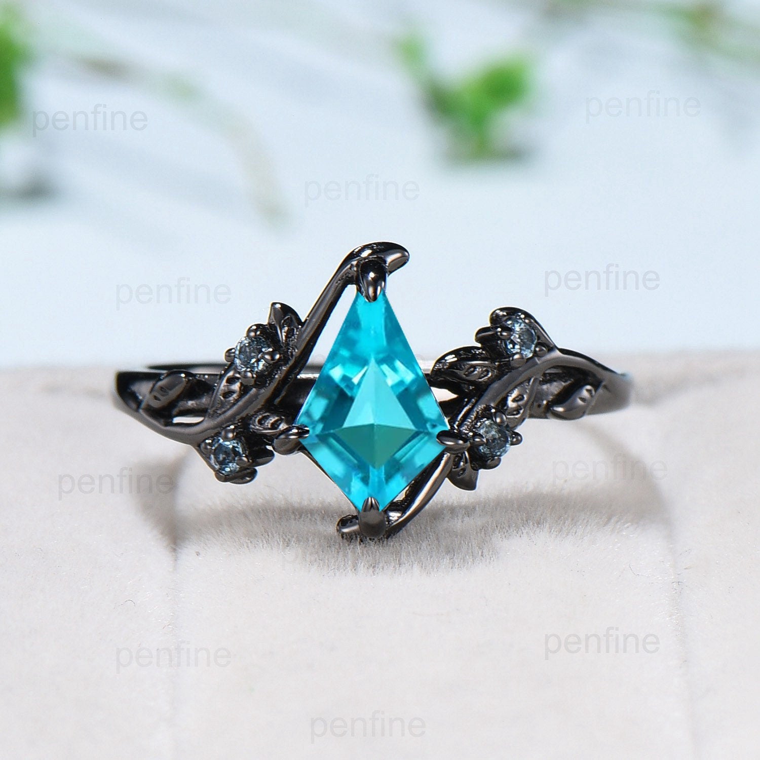 1 Carat Black Gold Lab-Created Paraíba Ring - Vintage Kite Cut Leaf Vine Design - Natural Inspired Engagement Ring with London Blue Topaz - Perfect Wedding Anniversary Gift for Her - Ideal for Proposals, Romantic Occasions and Special Celebrations