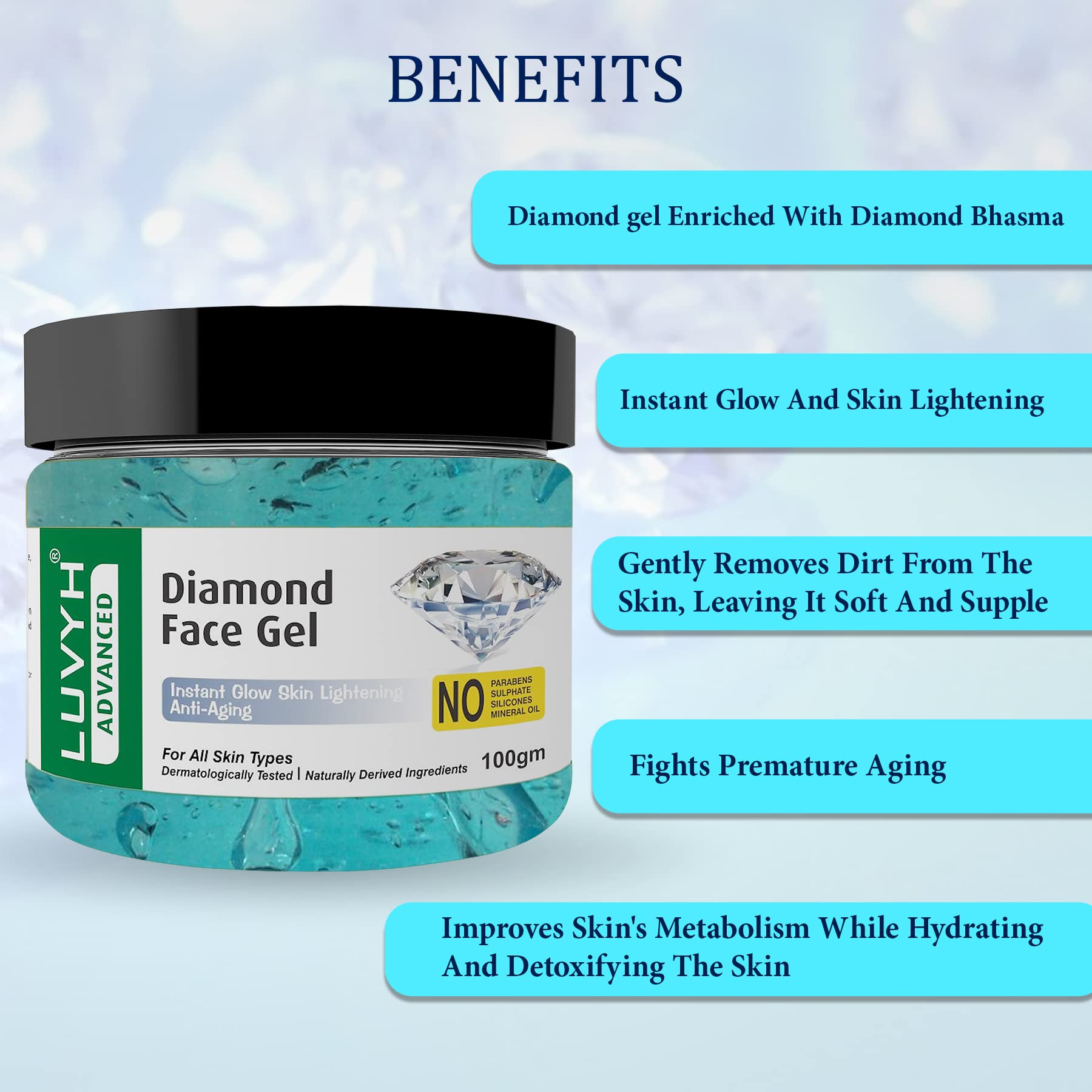 Luvyh Diamond Face Gel & Moisturizer - Herbal Skin Whitening & Brightening Night Gel (100g) for All Skin Types | Men & Women | Hydrating & Nourishing | Perfect for Nighttime Skincare Routine & Glowing Complexion