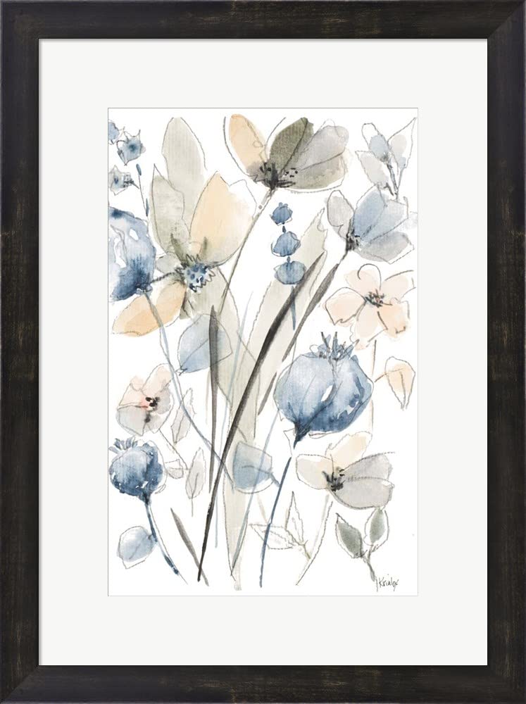 Blue and White Floral II by Krinlox - Framed Wall Art Print with Espresso Brown Frame (17x23 Inches) - Perfect for Living Room, Bedroom & Office Decor