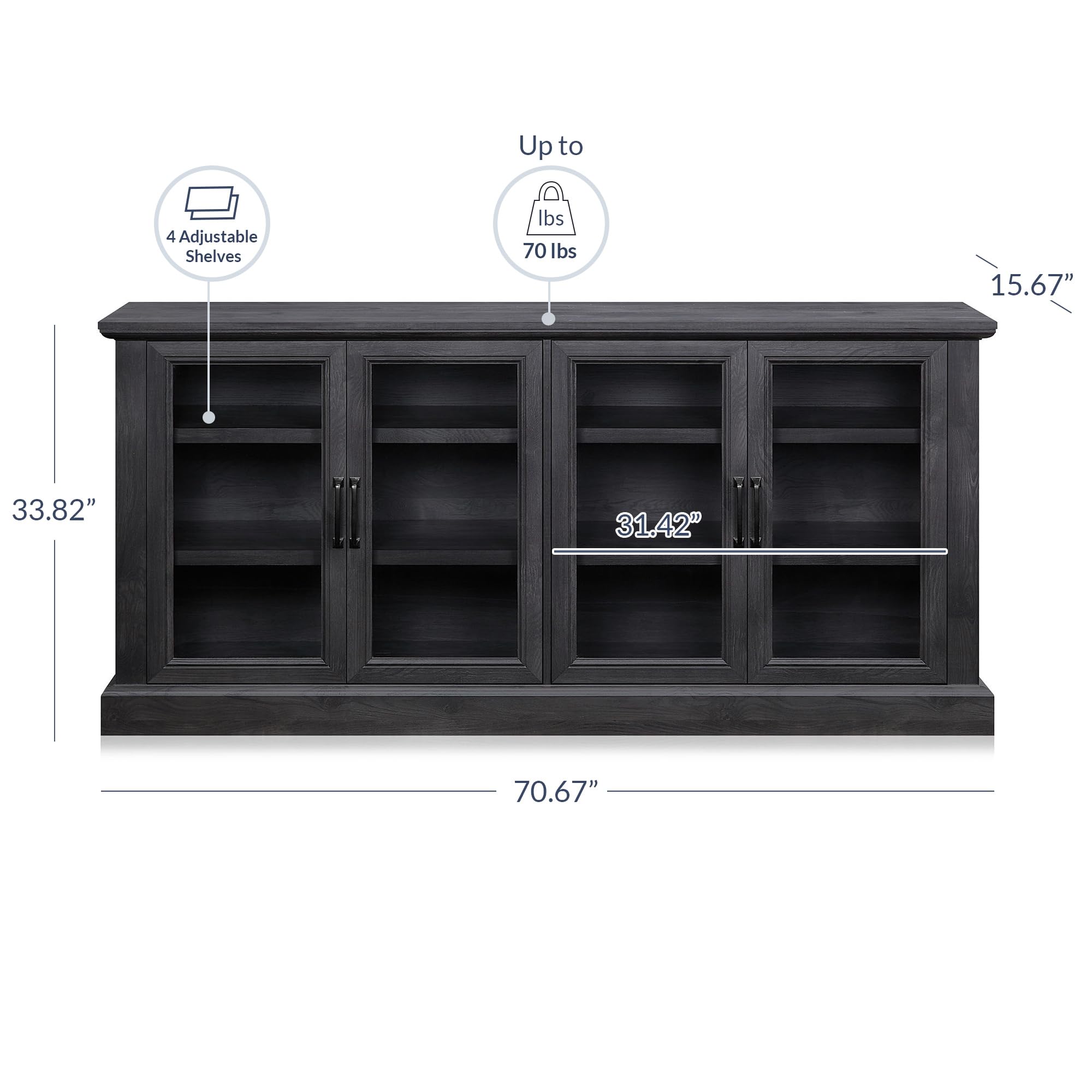 BELLEZE 70 Inch Rustic Gray Sideboard Buffet Cabinet with Glass Doors & Adjustable Shelves - Storage Entertainment Center for Living Room, Dining Room, Home Office | Perfect for Displaying Collectibles, Storing Tableware & Organizing Media Equipment