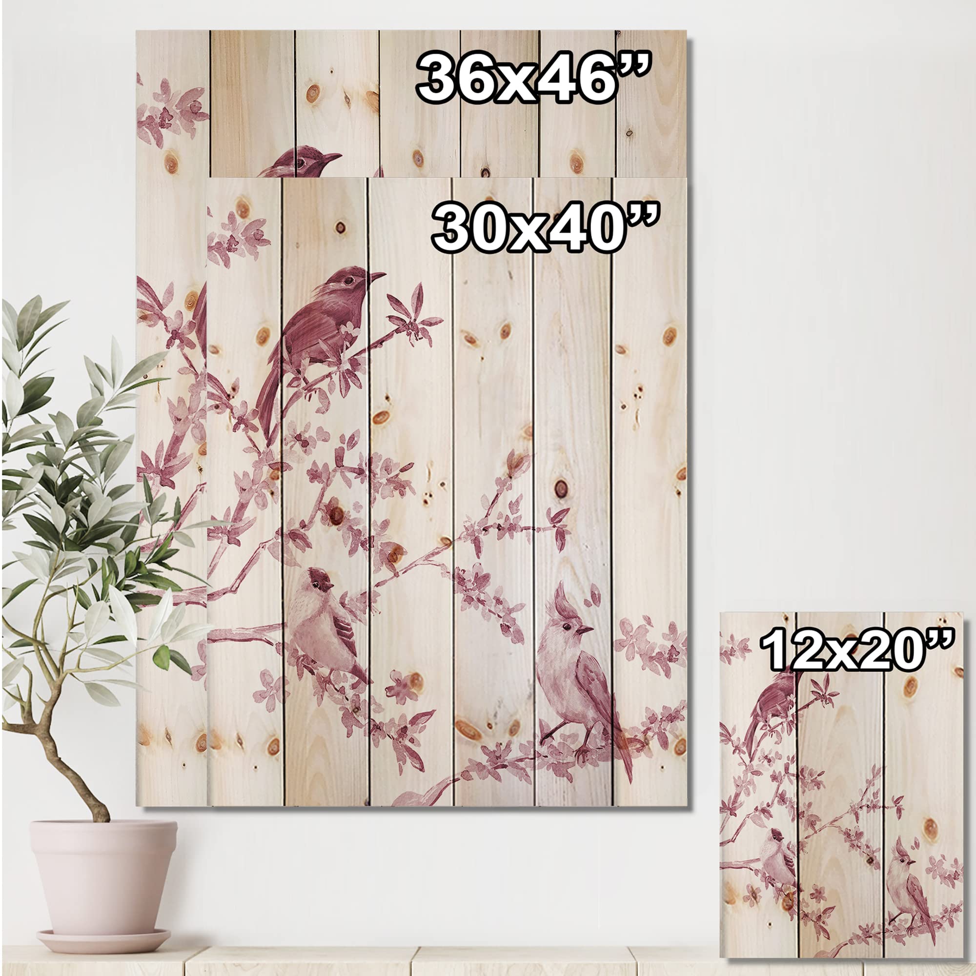 DesignQ Pink Birds Traditional Wood Wall Decor - Handcrafted Pine Wood Art Panel with Large Animal Prints - Perfect for Living Room, Bedroom & Nursery Decor