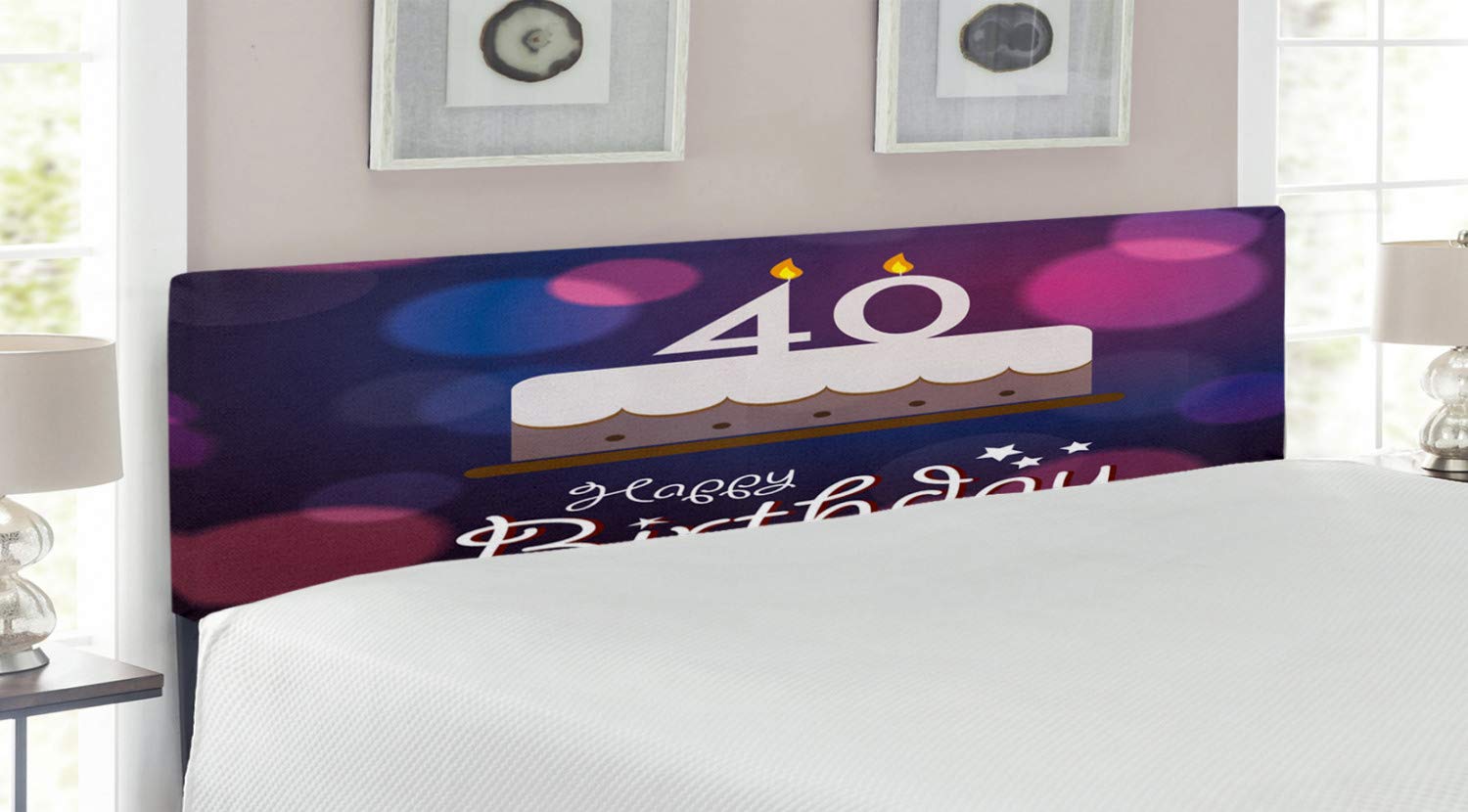 Ambesonne 40th Birthday Headboard - King Size Upholstered Decorative Metal Bed Frame with Memory Foam, Vibrant Purple Pink White Dots & Cake Design - Perfect for Adult Bedrooms, Guest Rooms & Birthday Party Decorations