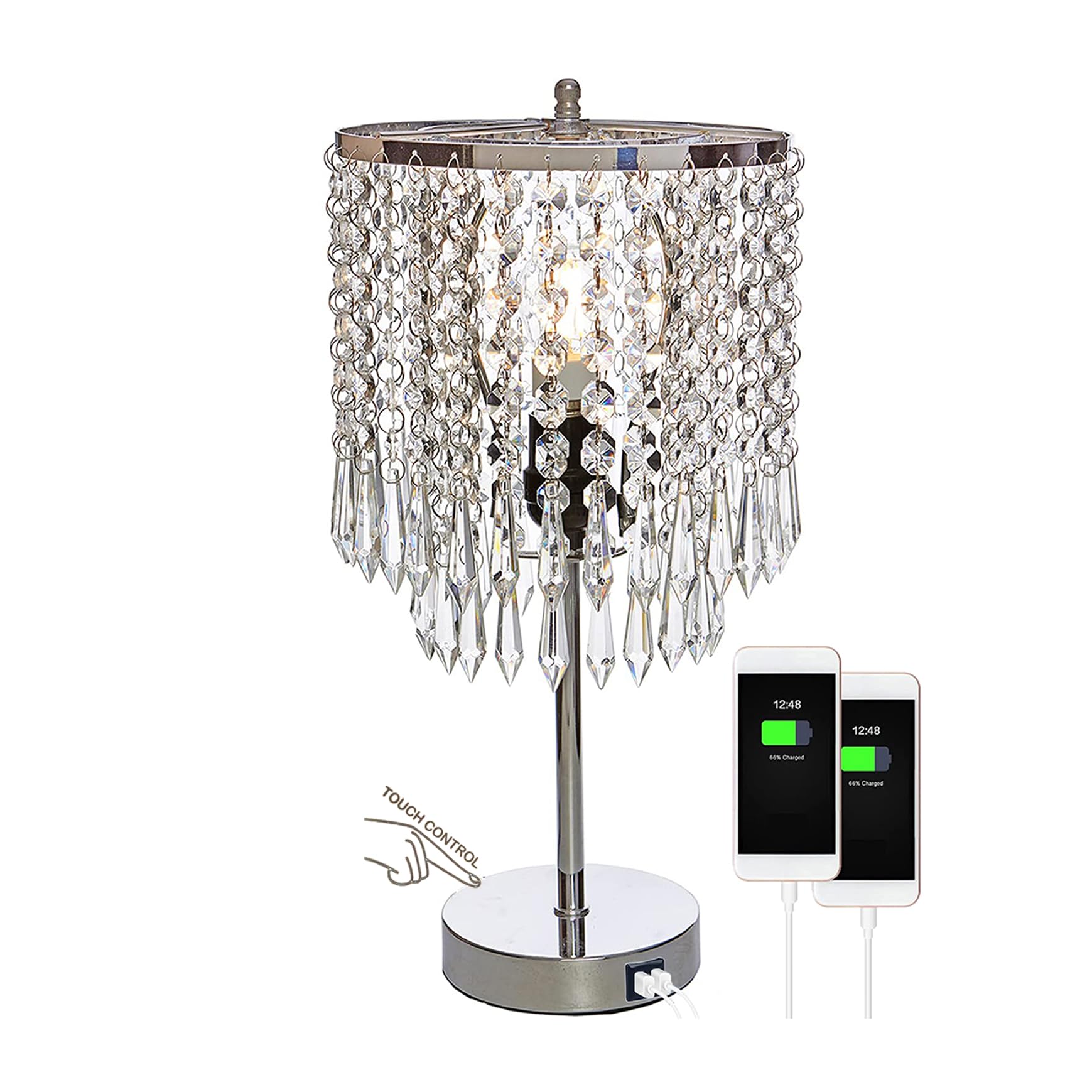 Crystal Table Lamp with Touch Control & Dual USB Ports - 3-Way Dimmable Silver Nightstand Lamp for Bedroom, Living Room, Office - Perfect for Reading, Decor & Charging Devices