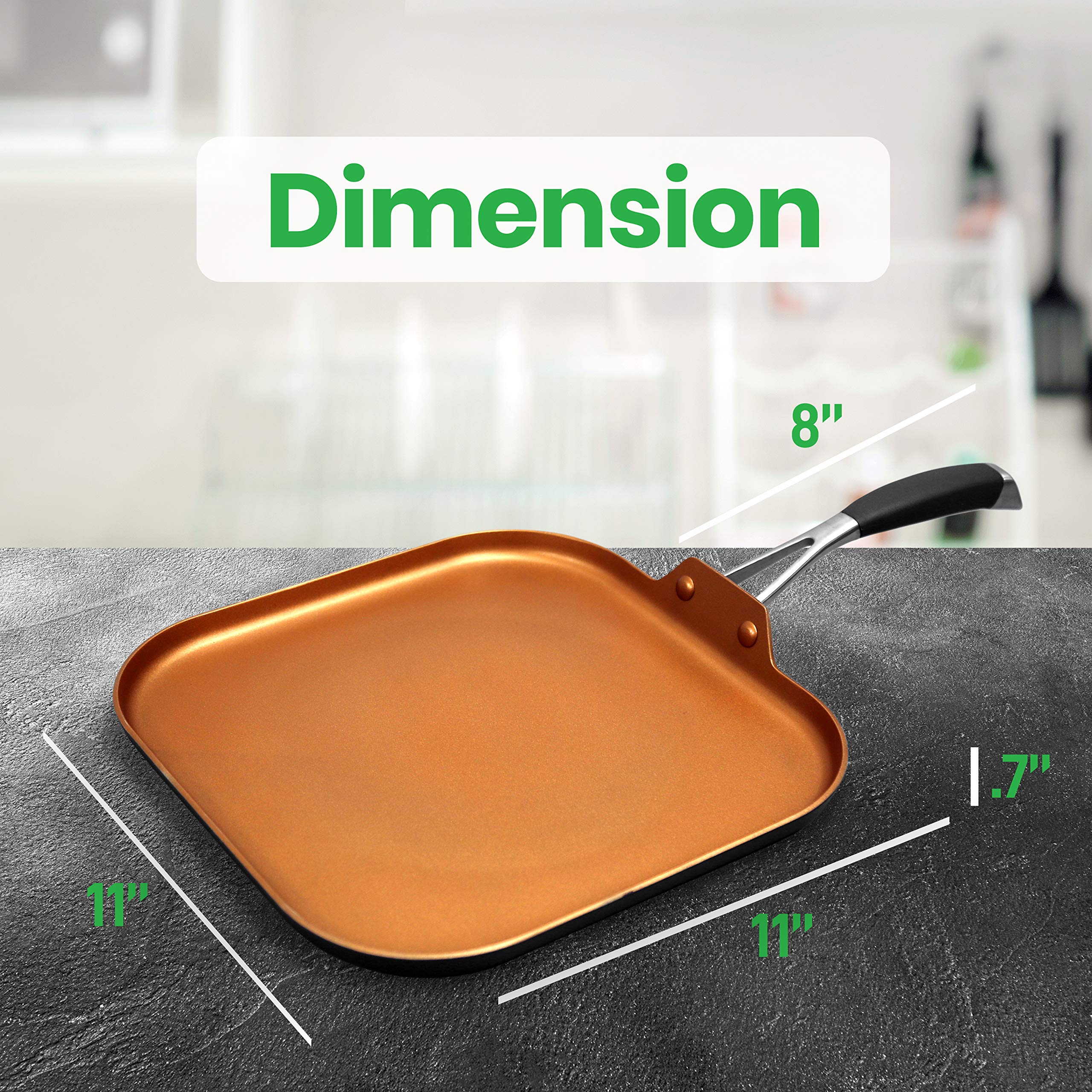 NutriChef Hard Anodized Nonstick Griddle Pan - PFOA/PFOS Free, 3-Layer Copper Coating, Heat Resistant Lacquer, Ergonomic Silicone Handle - Perfect for Pancakes, Eggs & Grilling Breakfast, Lunch & Dinner