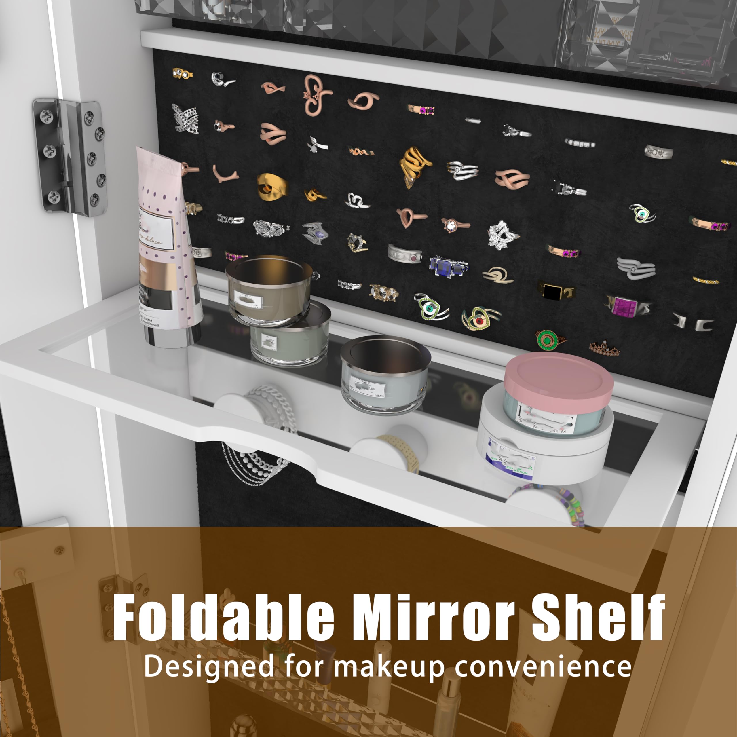 360° Swivel LED Jewelry Armoire with Full-Length Mirror - Foldable Makeup Organizer with Storage Shelves for Women & Girls | Perfect for Bedroom, Dressing Room & Closet Organization