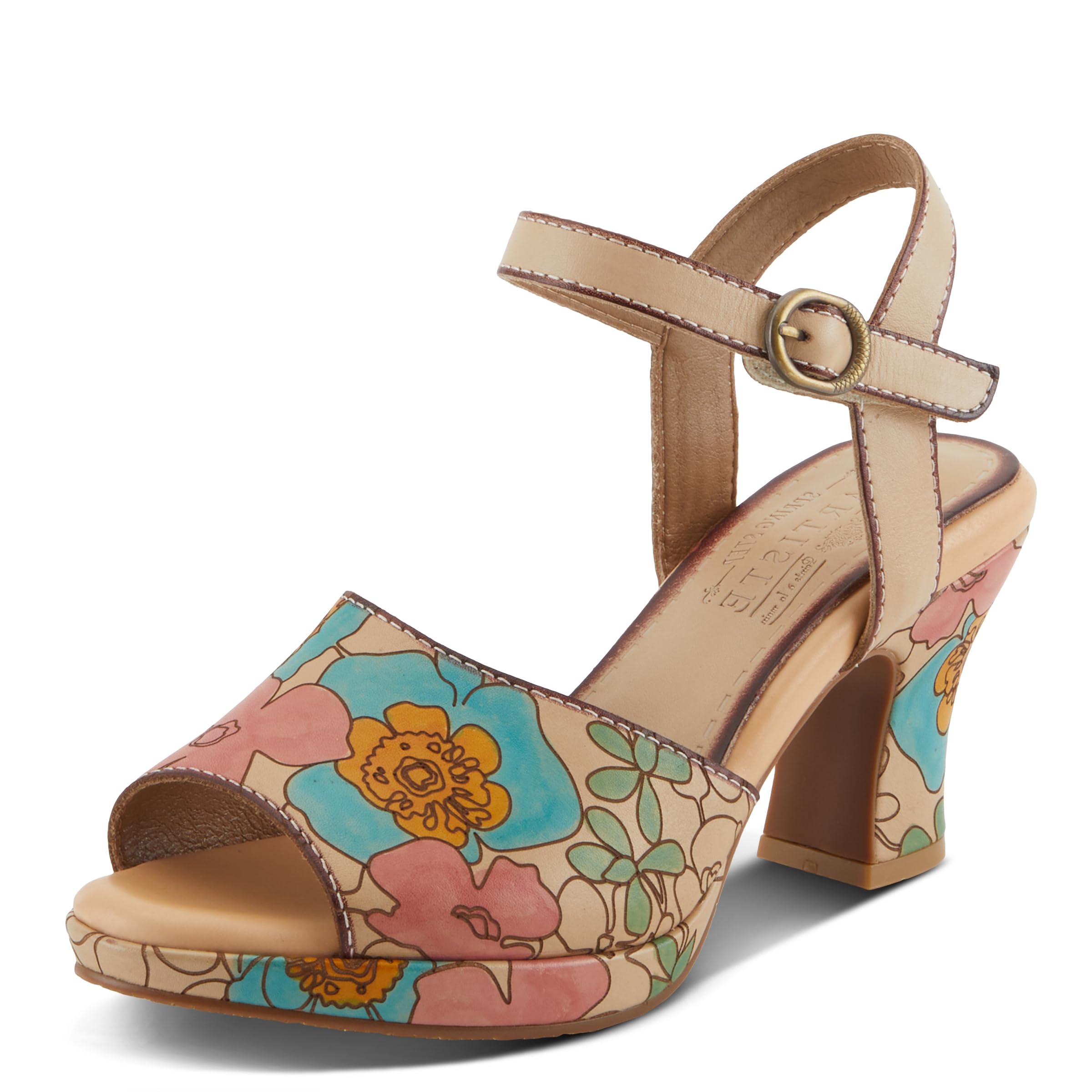 Spring Step L'Artiste Women's CAMRYN Hand-Painted Floral Peep Toe Sandals with Ankle Strap - Stylish Outsole for Summer Weddings, Beach Vacations & Boho Fashion