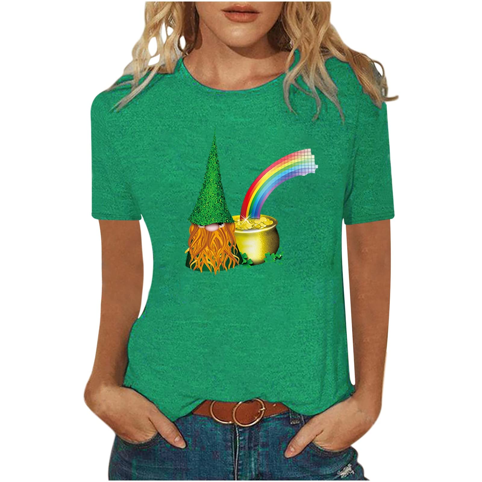 St. Patrick's Day Women's Cute Gnome Graphic Printed Short Sleeve T-Shirt - Comfortable Casual Top for Mom, Party, Irish Festival & Spring Outfits