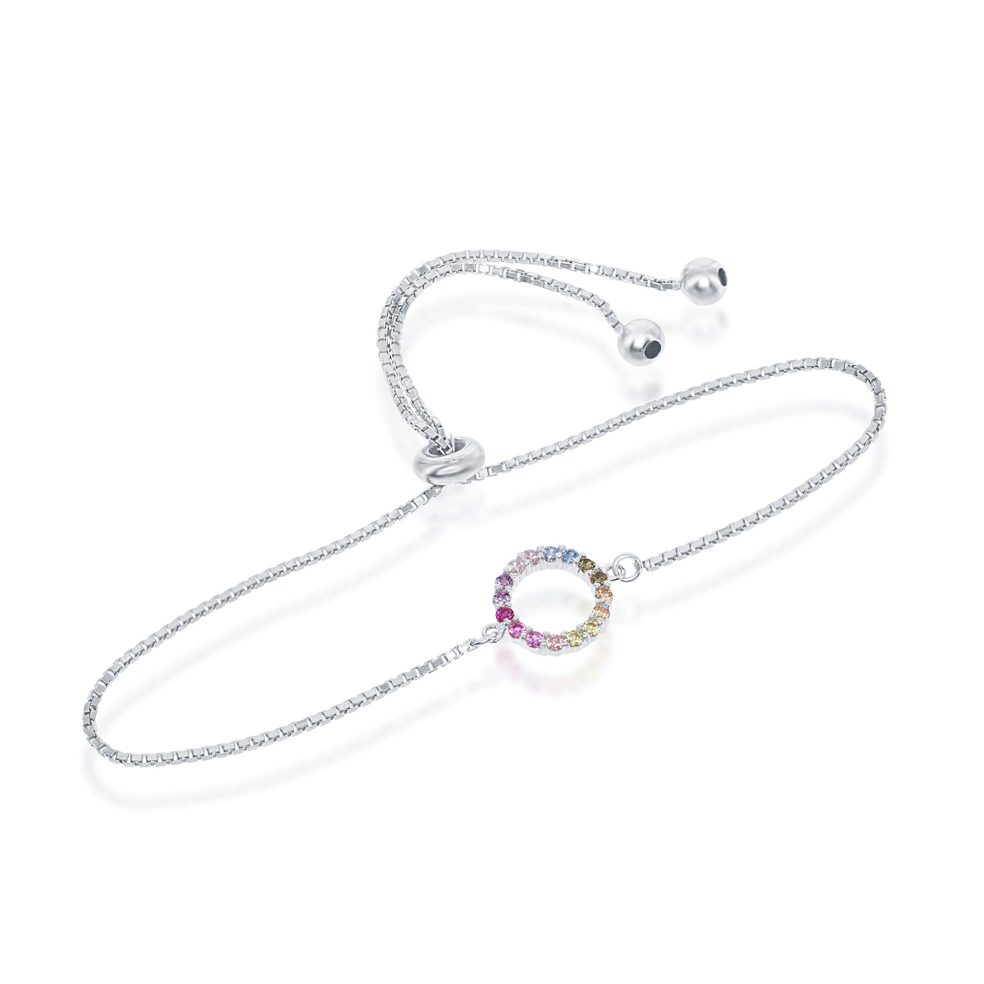 Sterling Silver Rose Gold or Gold Plated Open Circle of Life Rainbow CZ Adjustable Bolo Bracelet for Women - Boho Chic Jewelry Gift for Birthday, Anniversary & Everyday Wear