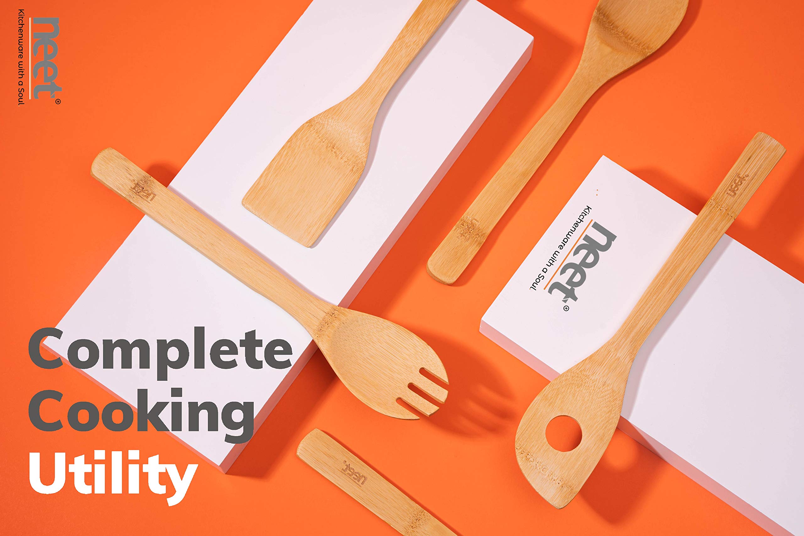 **6-Piece Organic Bamboo Cooking Utensil Set - Wooden Spoons & Spatula for Nonstick Cookware, High Heat Stirring - Includes Holder - Perfect for Everyday Use & Gifts (Ideal for Sauteing, Baking & Serving)**