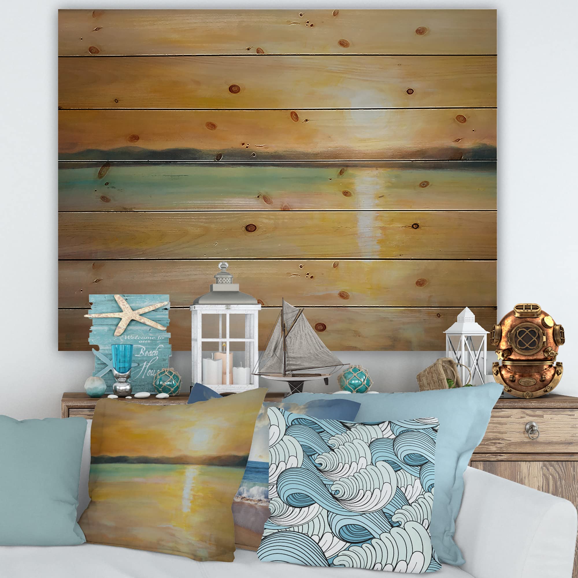 DesignQ Yellow Sunset At The Horizon Nautical Coastal Wood Wall Art - Large Beach Wood Panel Decor Printed on Natural Pine - Perfect for Coastal Living Rooms, Beach House Decor & Ocean-Themed Bedrooms