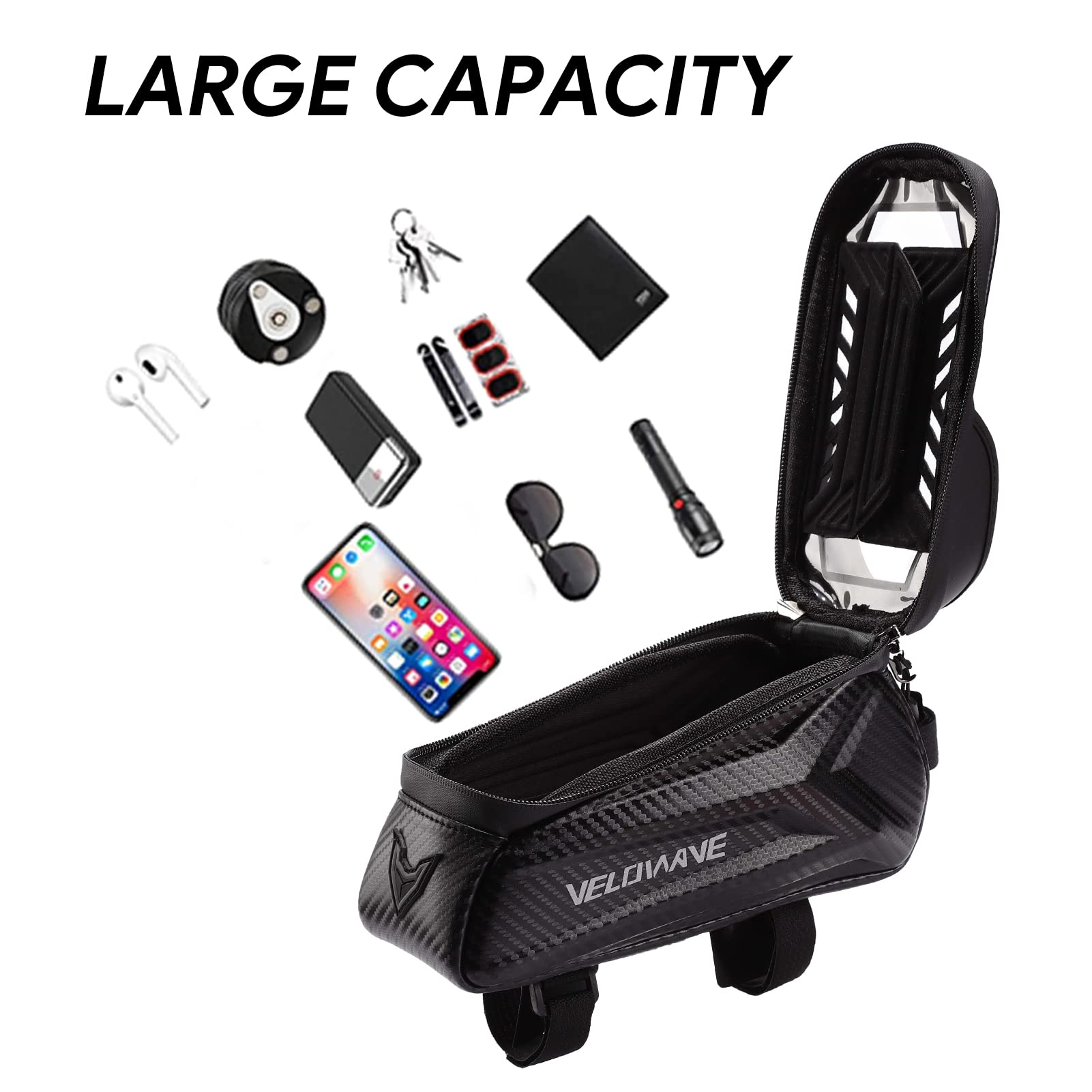 VELOWAVE Electric Bike Handlebar Bag - Waterproof Phone Mount Pouch with Sensitive Touch Screen, Bicycle Front Frame Storage for iPhone, Android - Perfect for Commuting, Cycling & Outdoor Adventures
