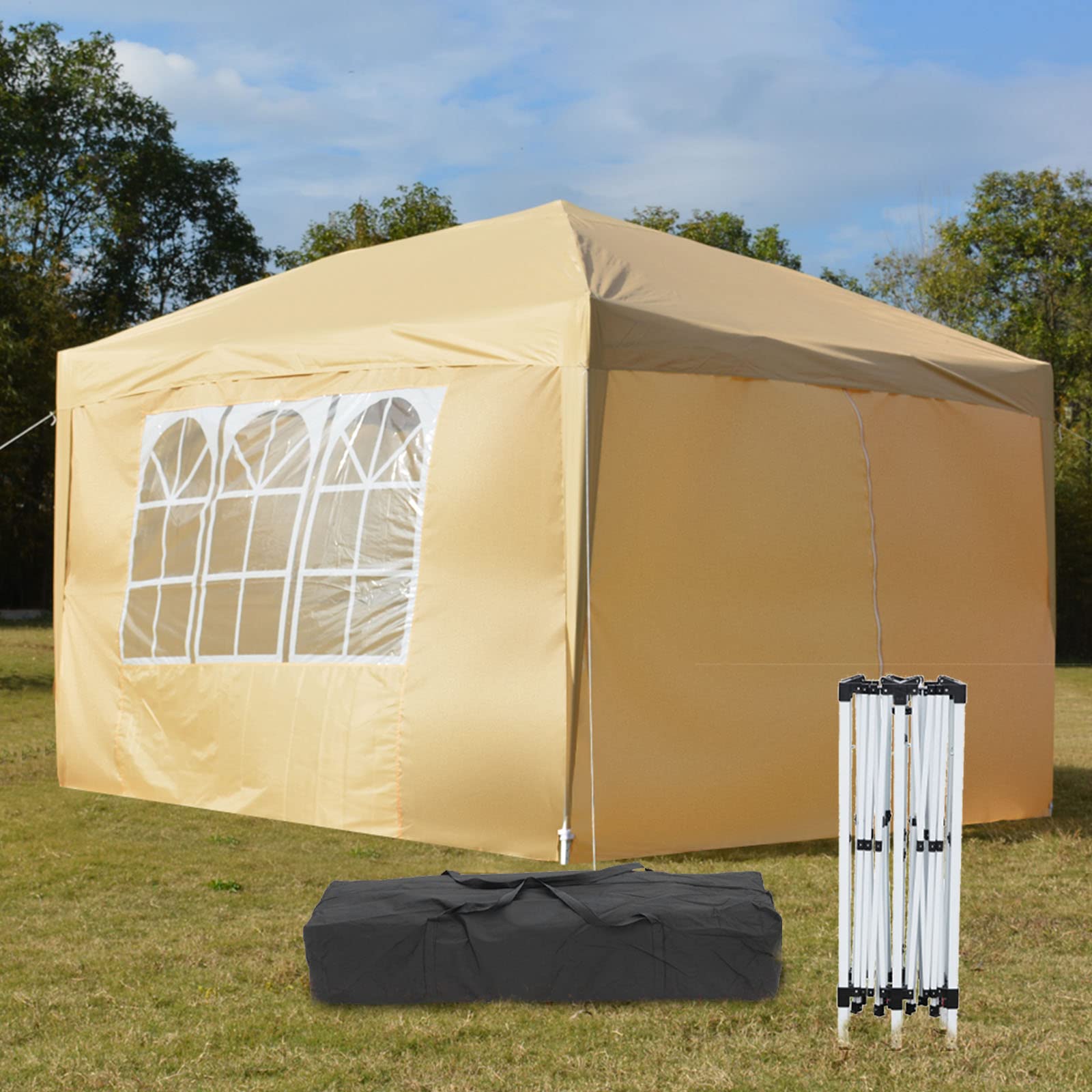BELANITAS 10x10 Waterproof Pop Up Canopy Tent with Walls - 2 Doors & 2 Windows, Adjustable Height Right-Angle Folding Shelter for Outdoor Parties, Camping, Backyard Events & Home Use (Khaki)