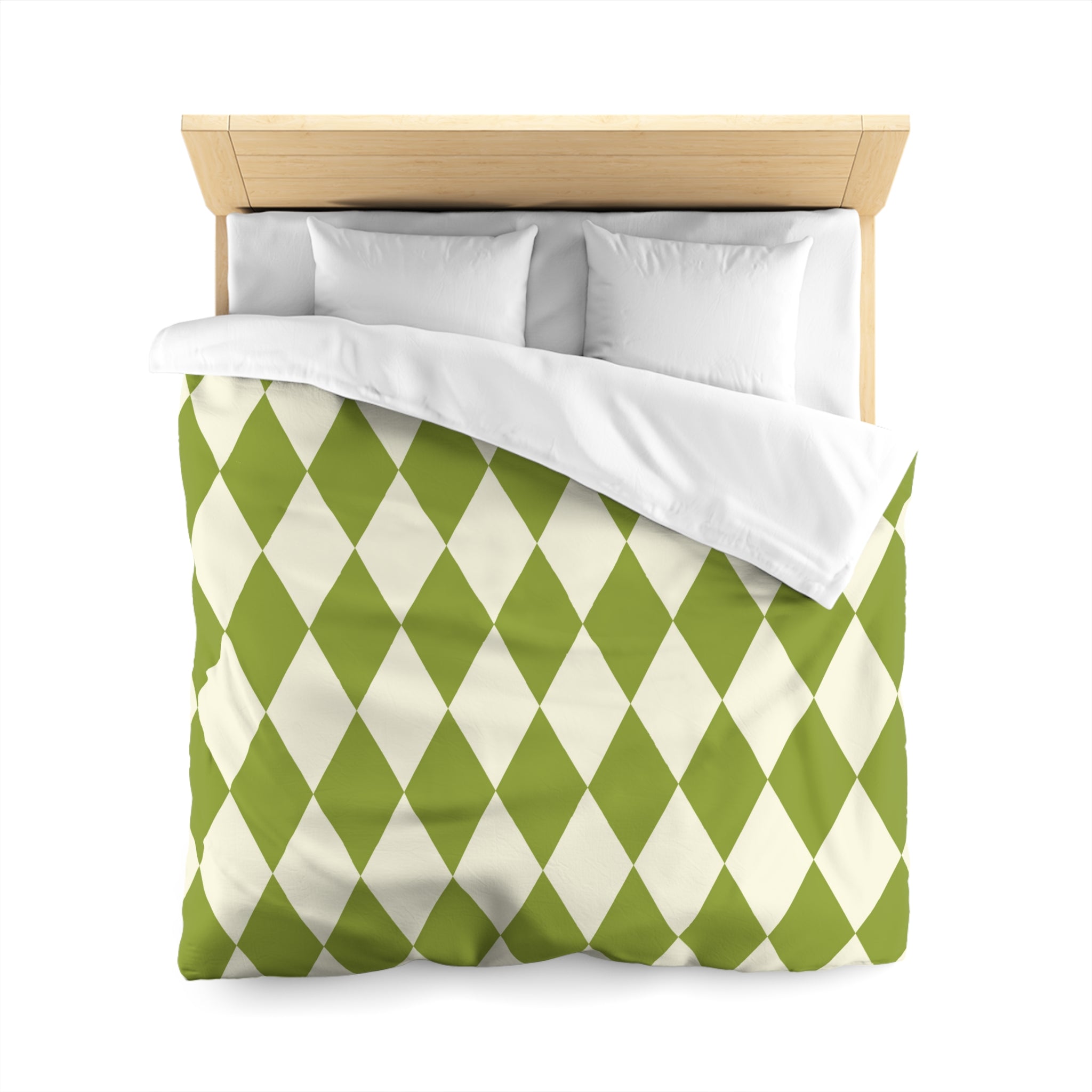Harlequin Microfiber Duvet Cover Set - Green & Off White Diamond Pattern Bedding - Soft Queen/King Size Duvet Cover for Cozy Bedroom Decor
