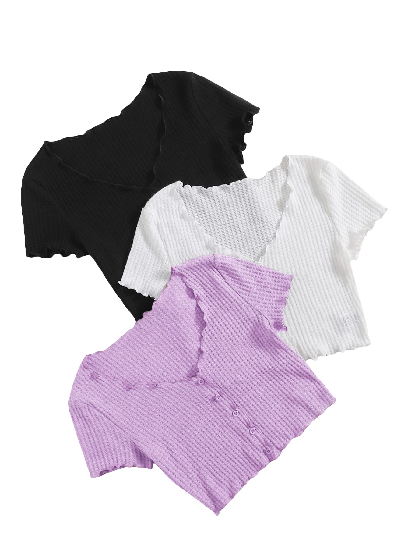 MakeMeChic Women's 3-Piece Casual Short Sleeve Button Down Waffle Knit Crop Top Set - Soft Comfortable Tee Shirts for Spring & Summer Outfits, Beach Wear and Daily Fashion