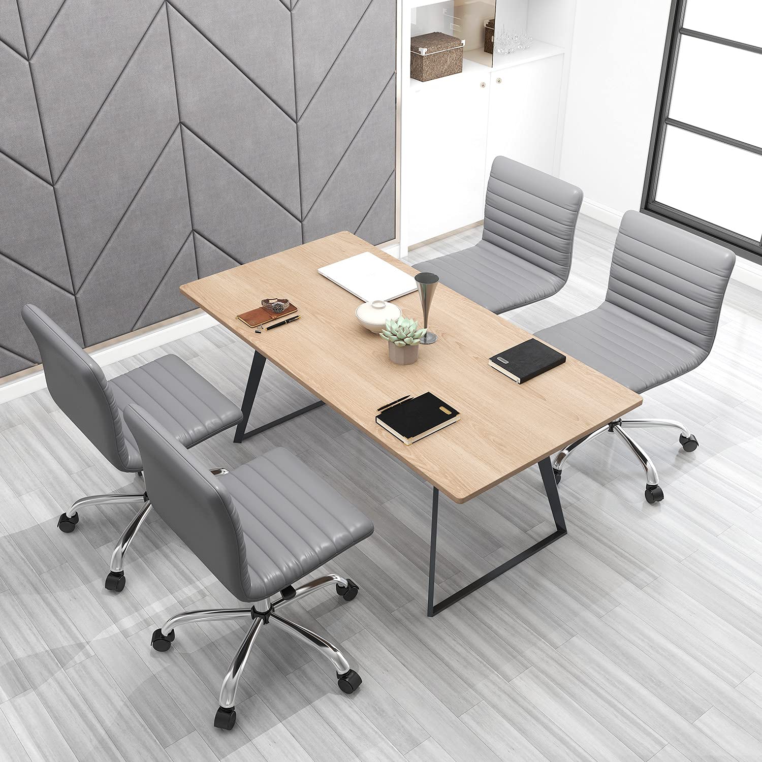 Ergonomic Armless Office Chair - Leather Swivel Task Chair with Mid Back Ribbed Design for Home & Office - Adjustable Height White Desk Chair for Adults & Kids - Perfect for Work, Study, Gaming & Vanity (Grey)