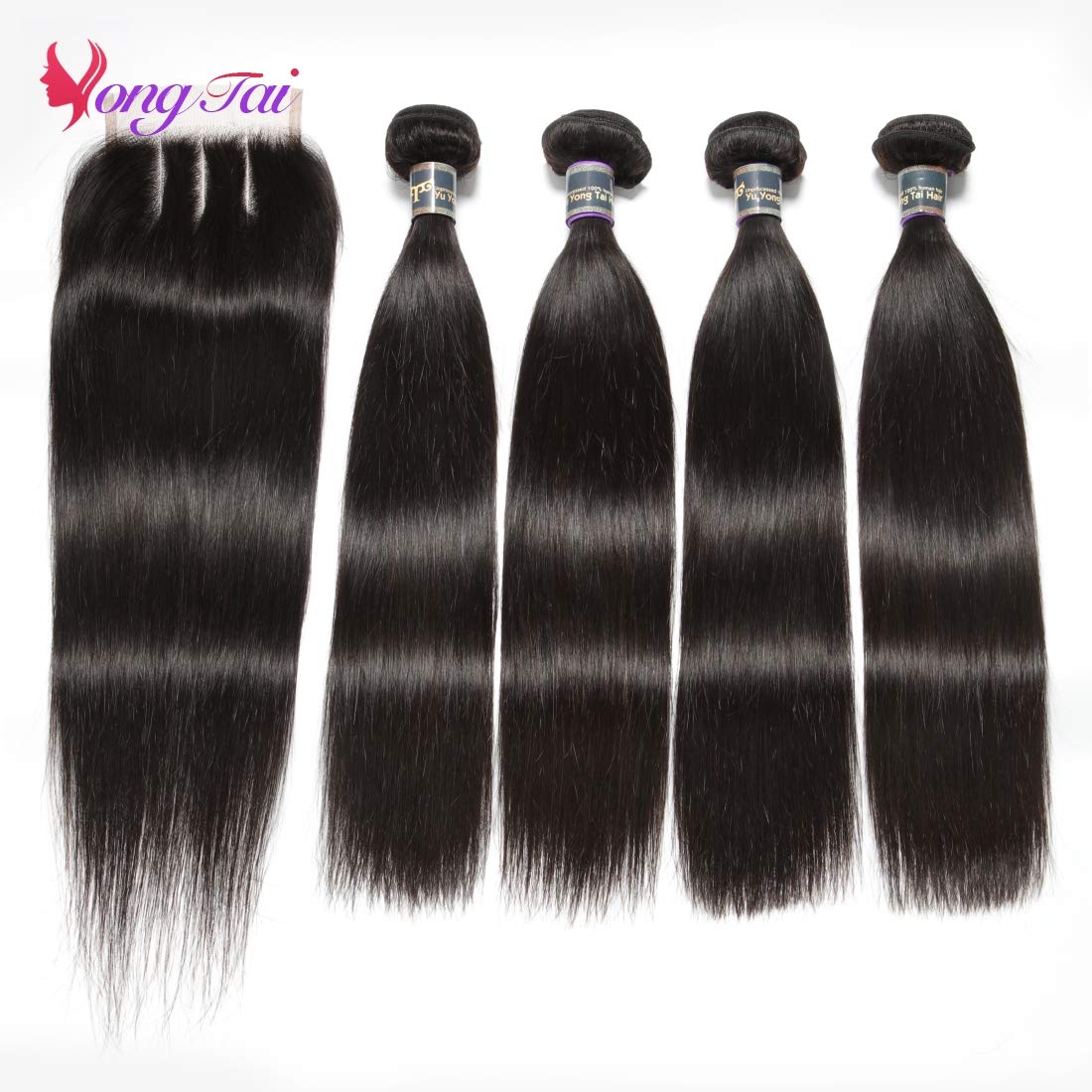 100% Unprocessed Malaysian Virgin Straight Hair Extensions - 4 Bundles with 3 Part Lace Closure (14 16 18 20 +14 Inch) 1B Color | Perfect for Daily Styling, Salon Looks & Special Occasions