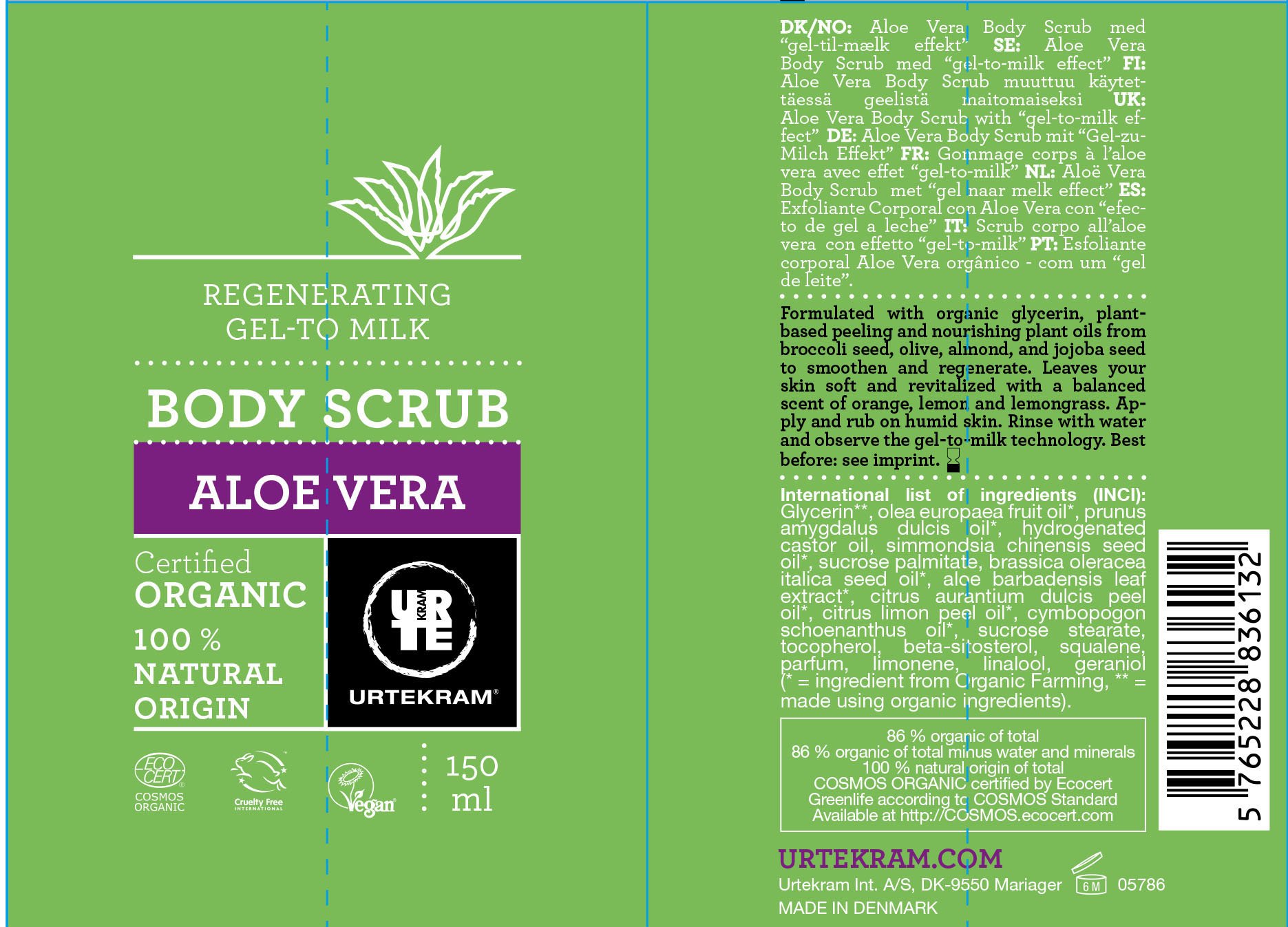 Organic Aloe Vera Body Scrub by Urtekram - Exfoliating & Hydrating for Smooth Skin - Perfect for Dry Skin & Post-Sun Care