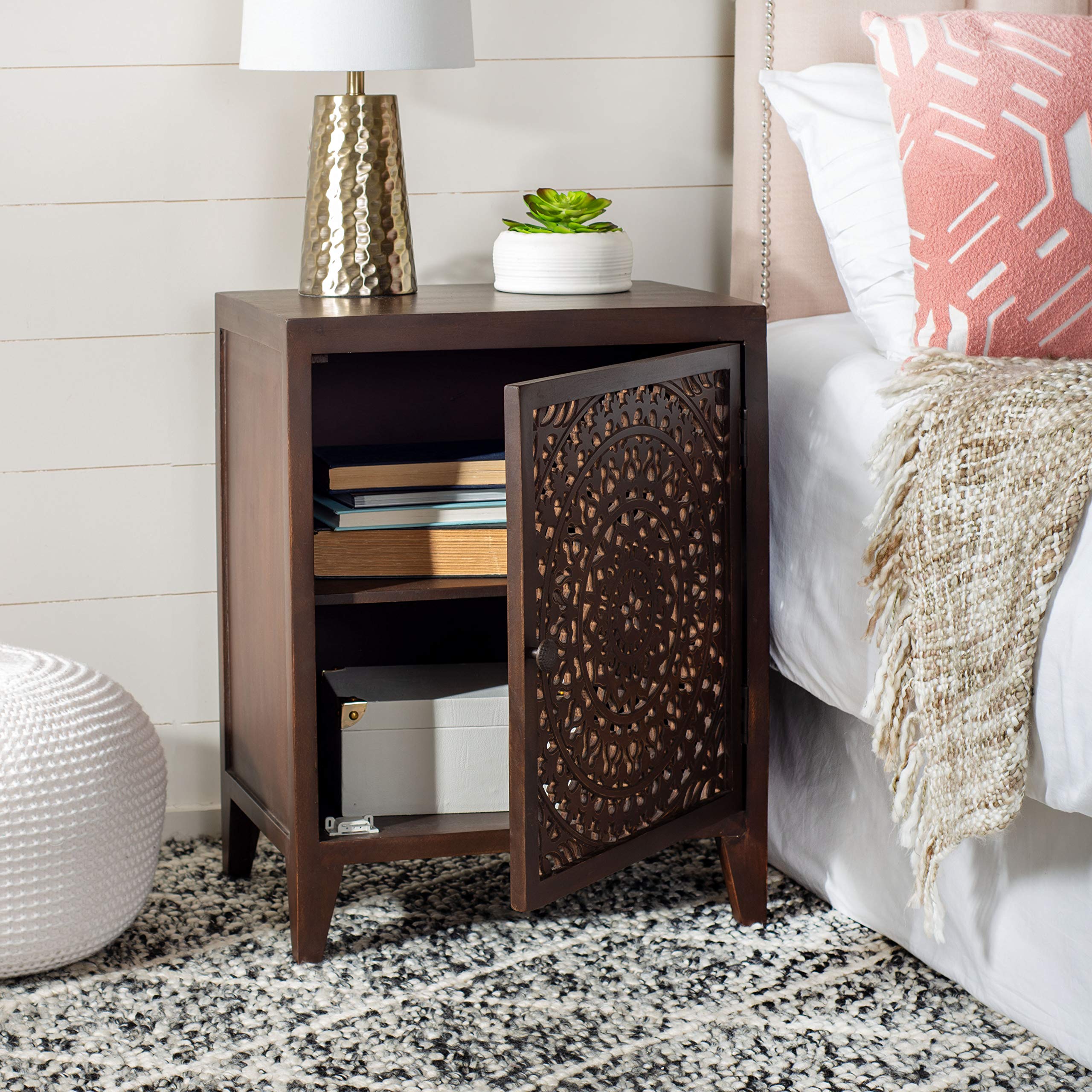 Safavieh Home Thea Brown 1-Door Carved Mandala Nightstand - Stylish Bedside Table for Bedroom Decor with Storage Shelf - Perfect for Small Spaces, Guest Rooms & Apartment Living