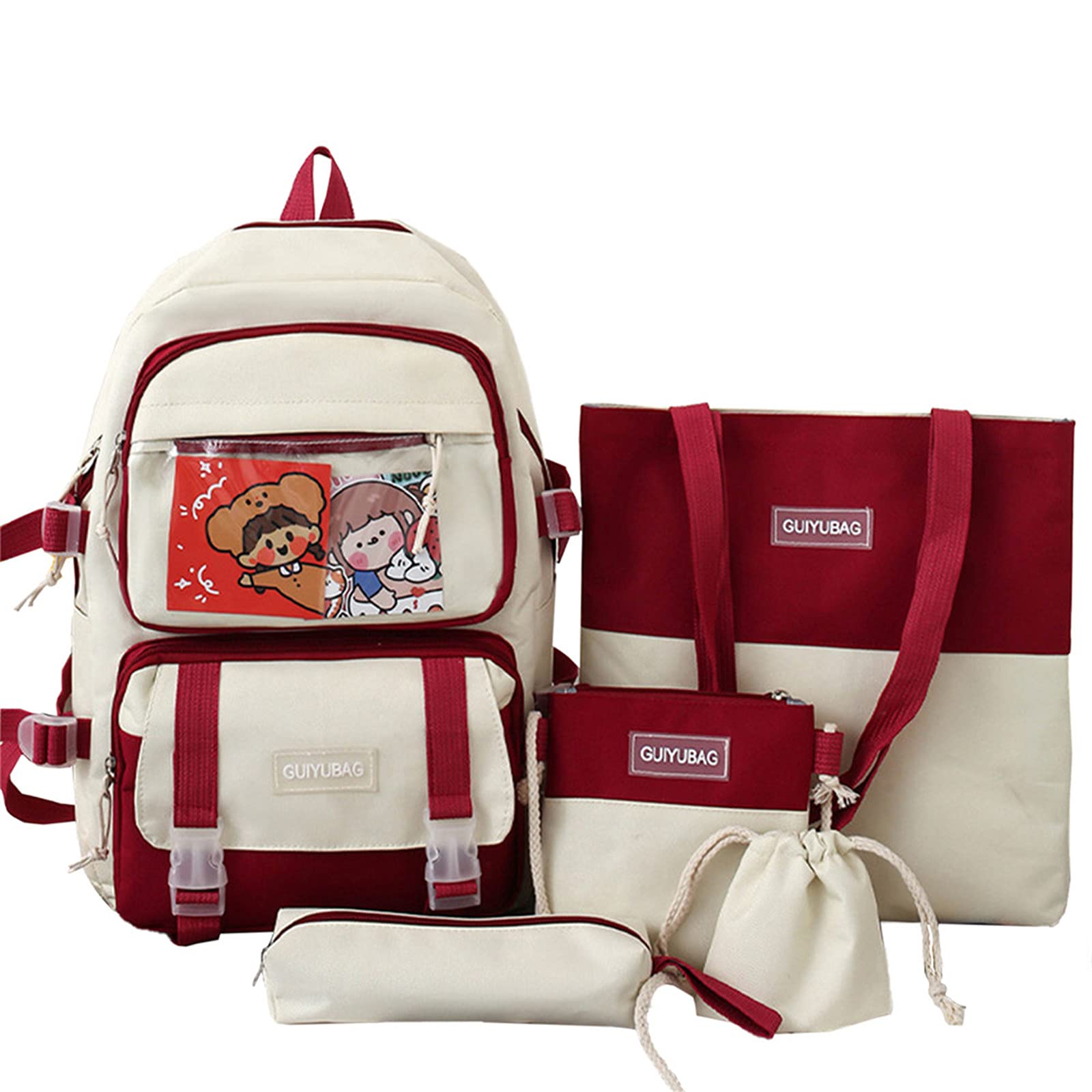 5Pcs Kawaii Cute School Backpack Set for Teens - Canvas Backpack, Shoulder Tote, Lunch Bag & Pencil Case Combo - Perfect for School, Travel & Daily Use