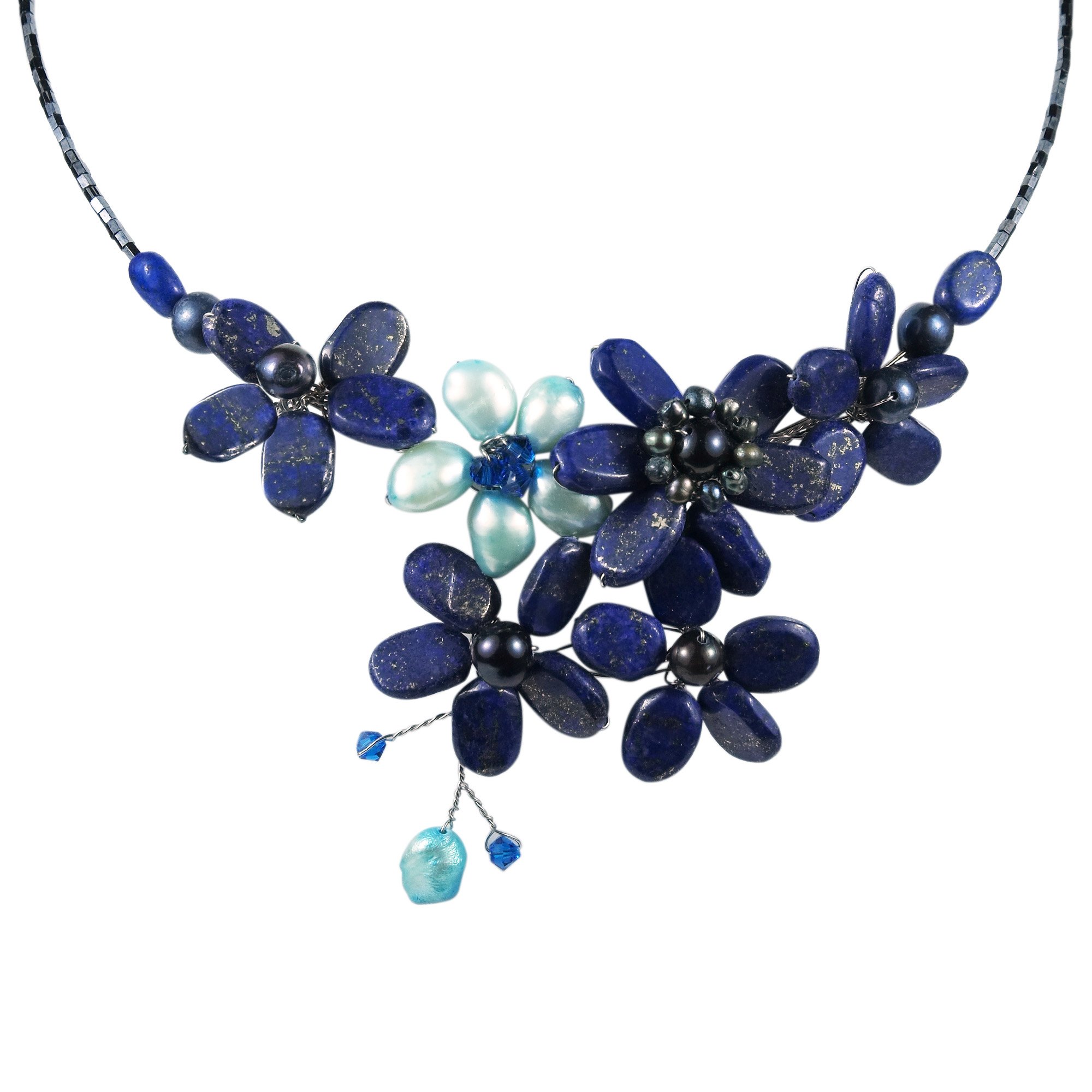 AeraVida Floral Lace Pearl Necklace - Blue Lapis Lazuli Crystal Choker for Women | Anniversary Gift Jewelry for Special Occasions