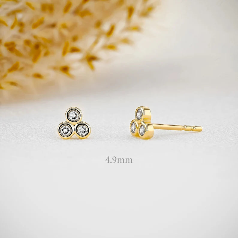 3 Stone Trio Bezel Set Stud Earrings for Women - 925 Sterling Silver Cubic Zirconia Earrings - Minimalist Elegant Jewelry Gift for Birthday, Anniversary & Valentine's Day