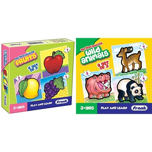 Frank Fruits & Wild Animals Puzzle Set for Kids Ages 3+ | Educational Wooden Toddler Toys for Preschool Learning & Family Game Night