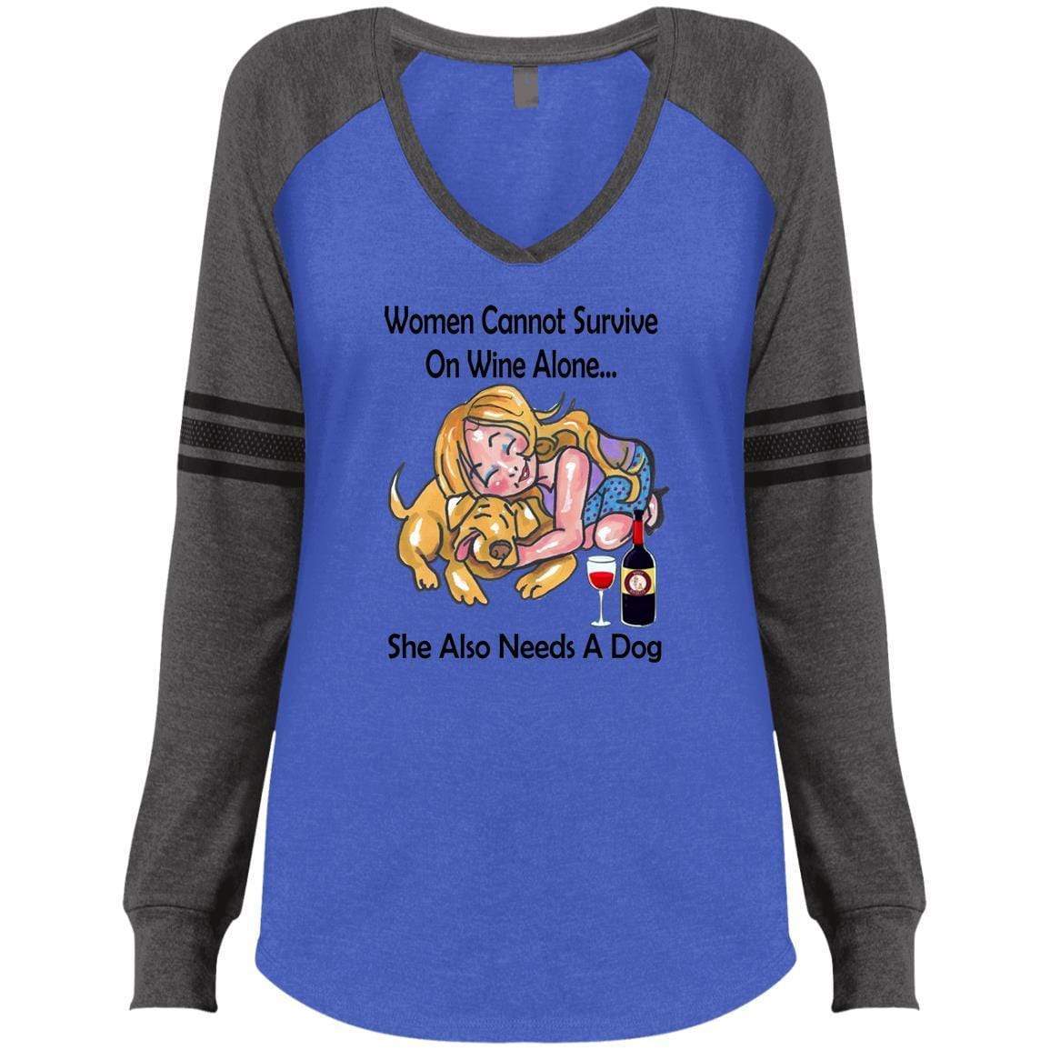 WineyBitches.co Women's Funny Graphic Long Sleeve V-Neck T-Shirt - 'Cannot Survive On Wine Alone' Black Lettering - Perfect for Girls Night Out, Bachelorette Parties & Wine Lovers