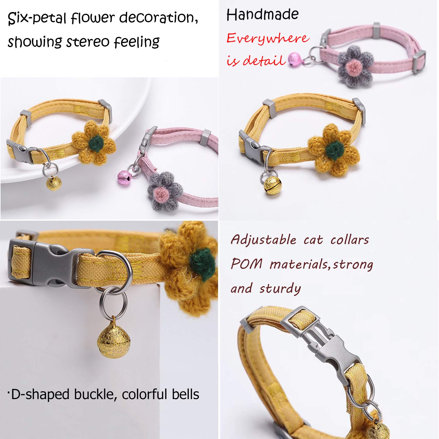 Handmade Adjustable Cat Collar with Six Petal Flowers & Bells - Sky Blue Kitten Collar for Girl Cats | Perfect for Daily Wear, Special Occasions & Photo Shoots
