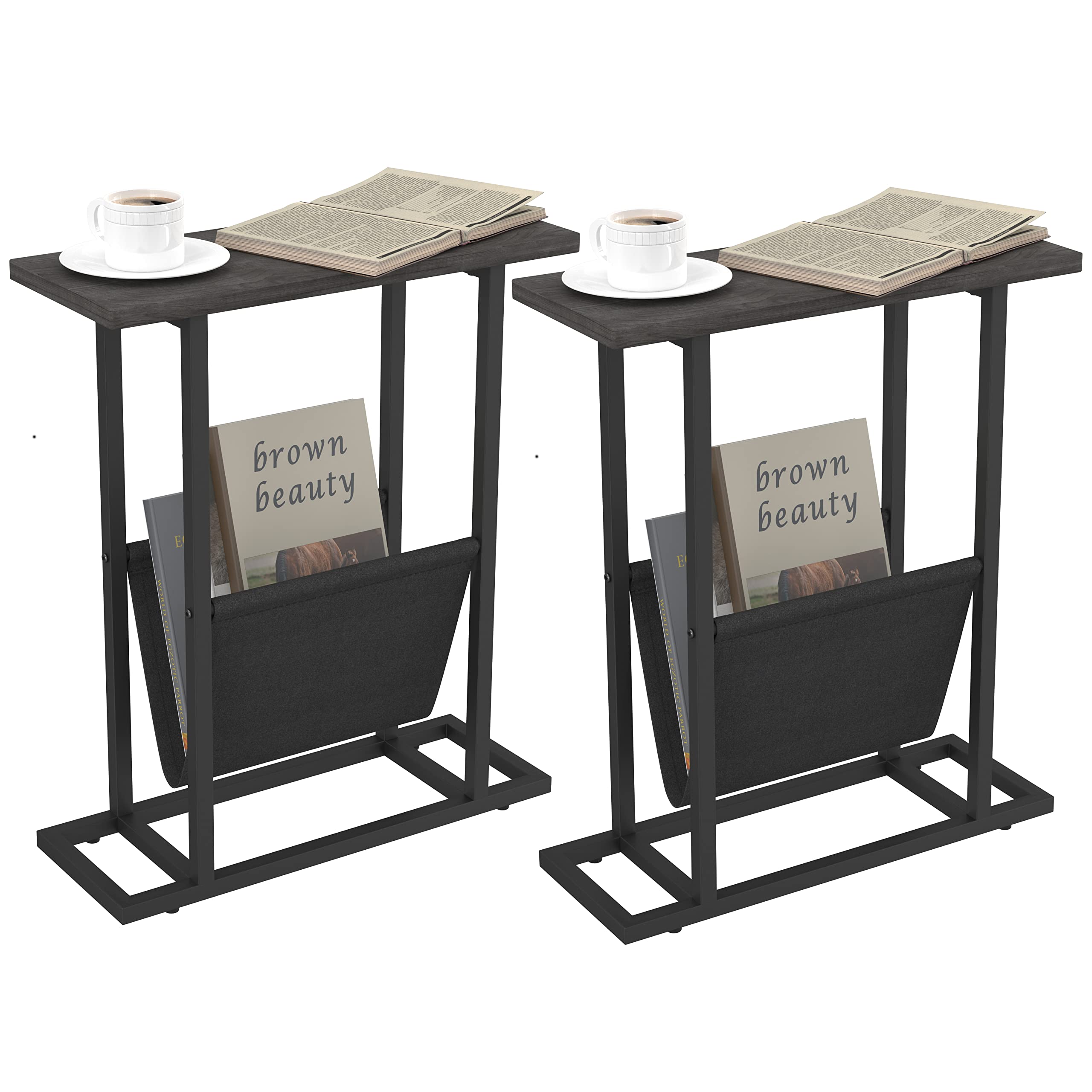 Yusong 2-Pack Slim Narrow Side Table Set for Small Spaces - Compact End Table, Nightstand with Storage Shelf - Accent Skinny Snack Table for Couch, Bedside - Grey - Perfect for Apartments, Dorms & Cozy Living Rooms