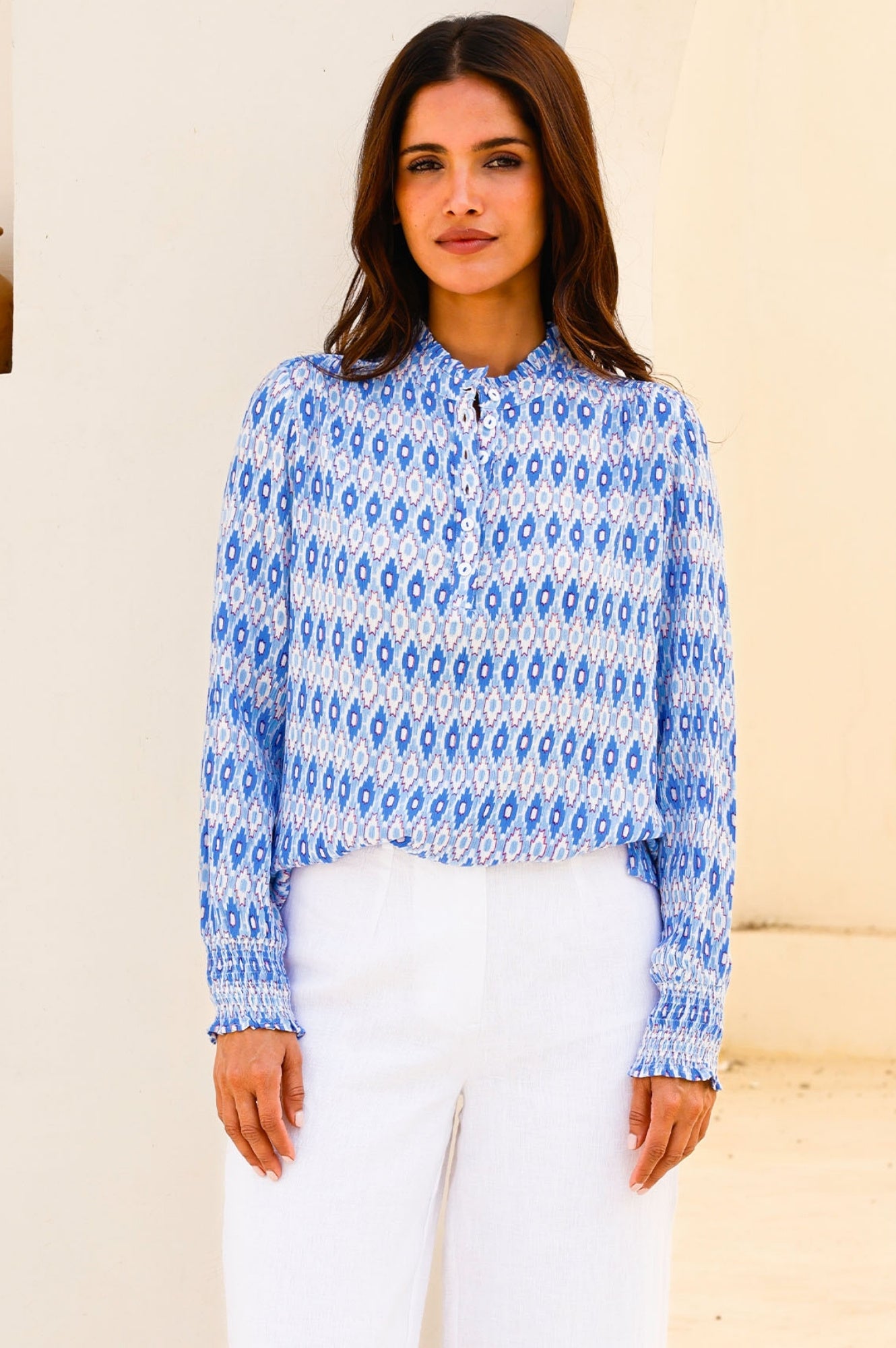 Kaia Blouse Women's Aztec Print Light Blue and Red Floral Boho Top - Perfect for Casual Wear, Festivals, and Vacation Outfits