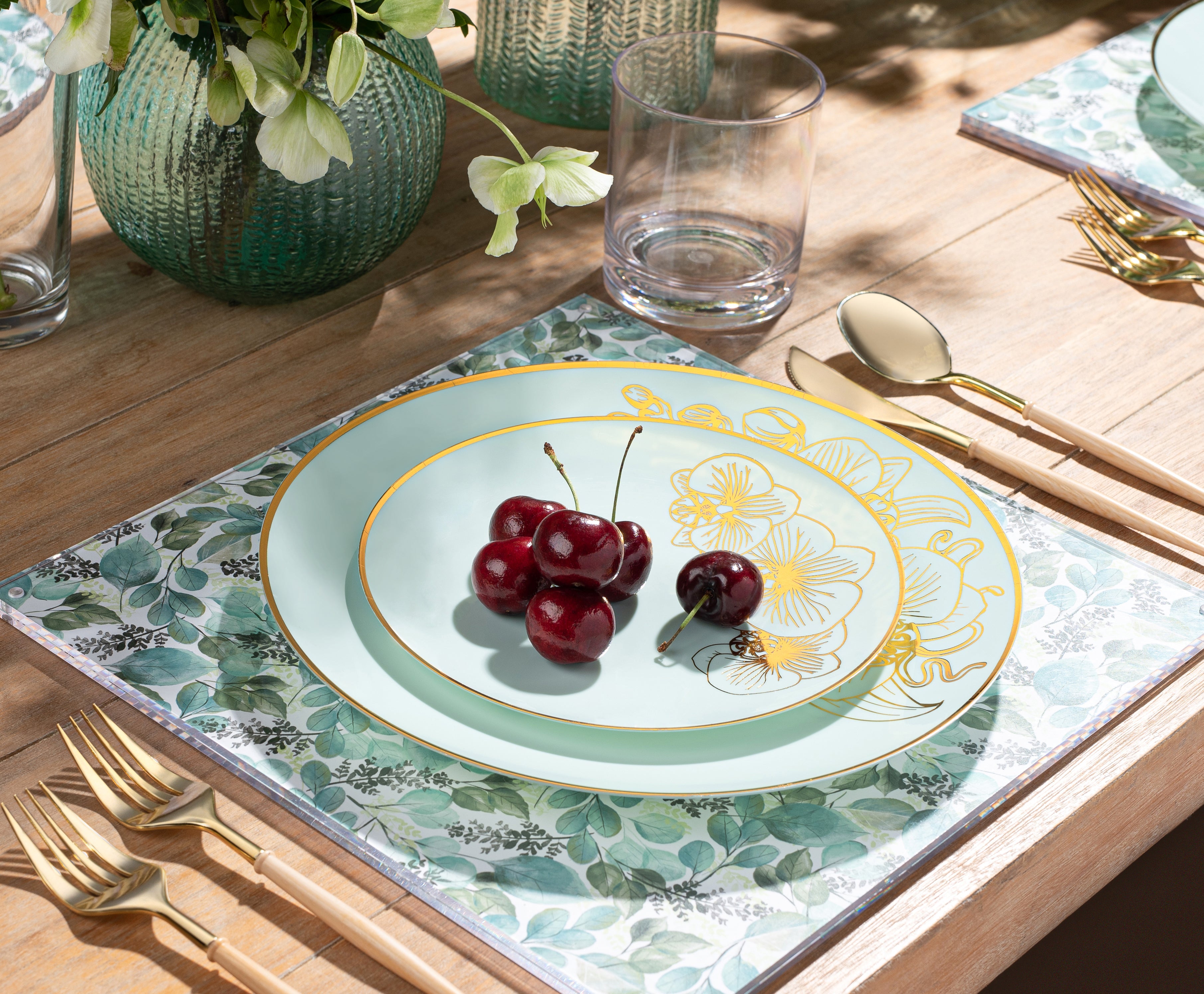 32-Piece Antique Turquoise and Gold Round Plastic Dinnerware Set - 16 Place Settings - Elegant Orchid Design for Parties, Weddings & Outdoor Dining