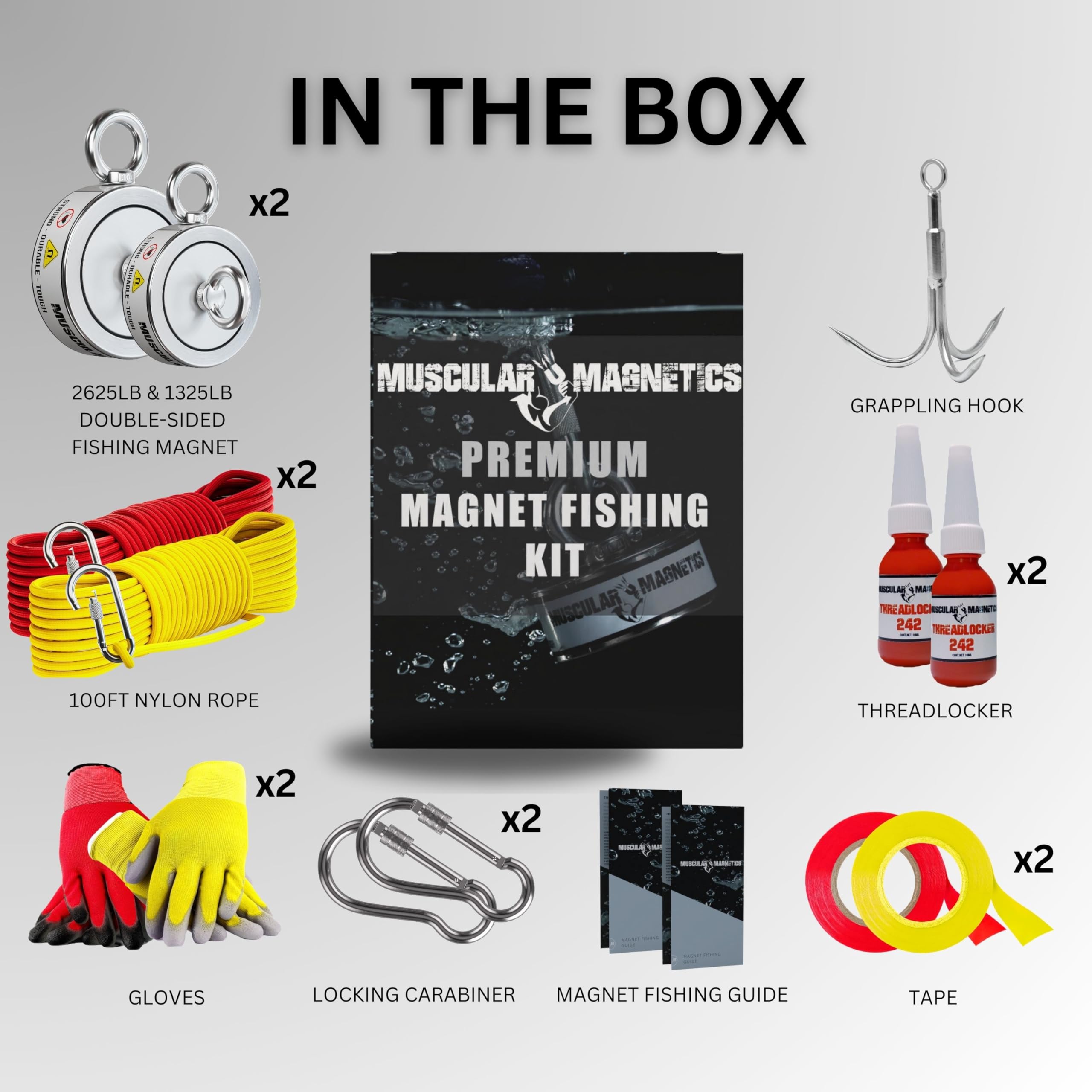 2625 lb & 1000 lb Double Sided Neodymium Fishing Magnet Bundle - 2 Complete Magnetic Fishing Kits for Salvage, Treasure Hunting in Rivers, Lakes & Oceans | Perfect for Underwater Metal Detection, Magnet Fishing & Recovery Operations