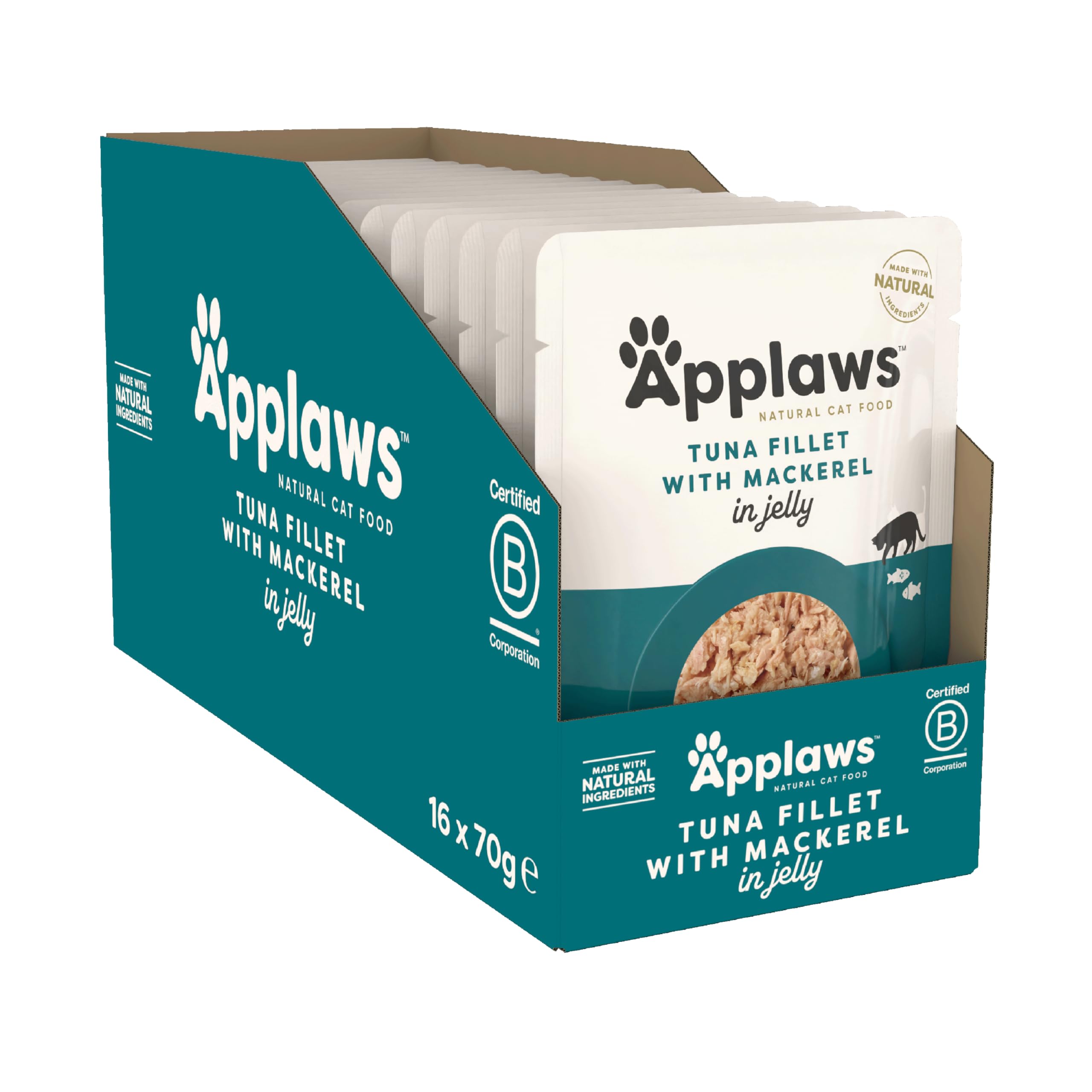 **Applaws Natural Cat Food - Tuna & Mackerel in Jelly, 70g Pouch (Pack of 16) - High-Protein Wet Cat Food for Adult & Senior Cats - Perfect for Mealtime, Travel & Treats**