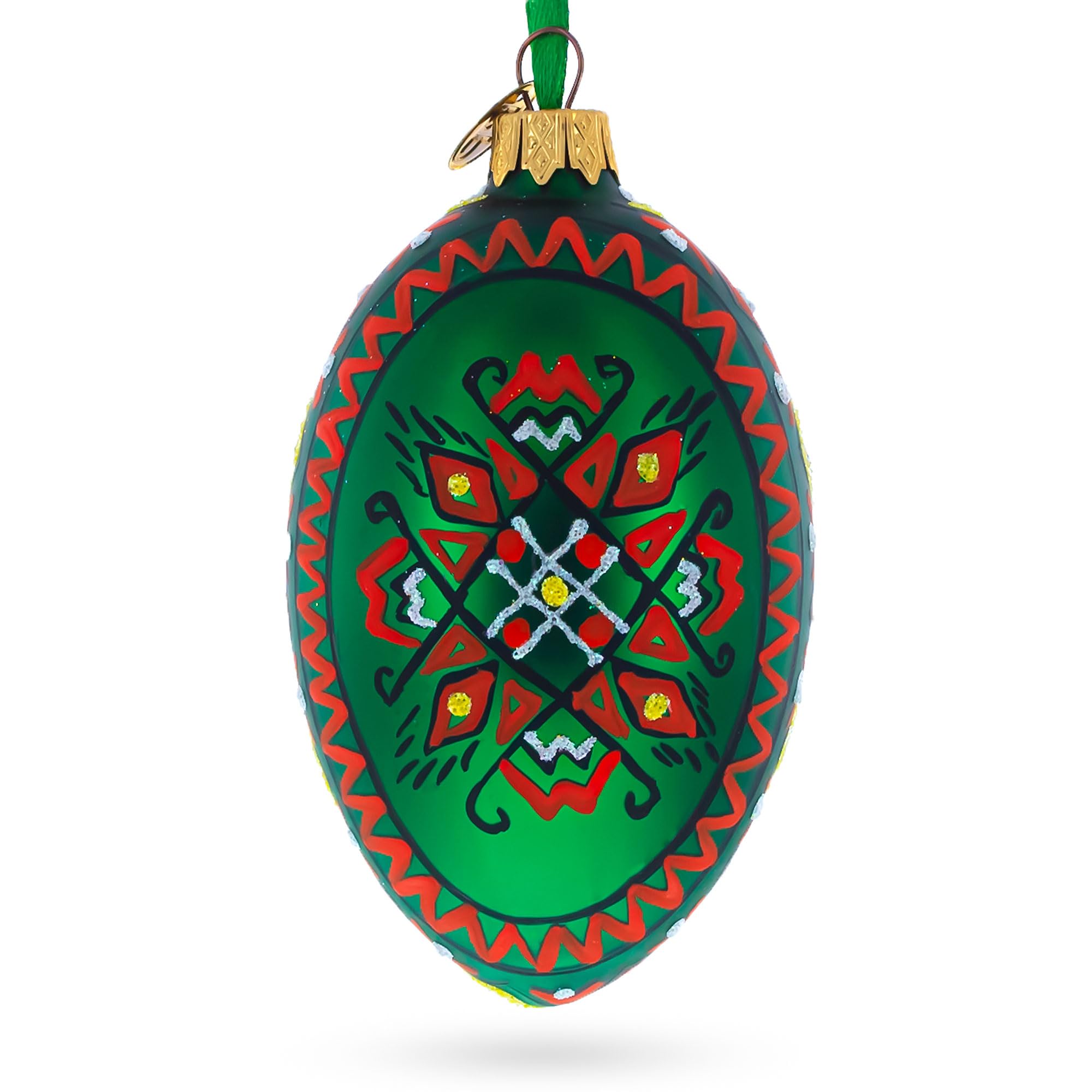 Handmade Green Geometric Ukrainian Egg Glass Christmas Ornament - 4 Inch Holiday Tree Decoration for Xmas, Easter & Home Décor