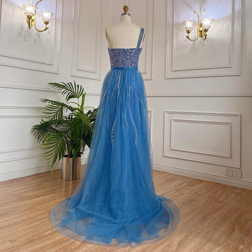 Elegant Blue One Shoulder Mermaid Evening Dress with Beaded Detail & Overskirt for Women - Perfect for Prom, Gala, and Formal Parties