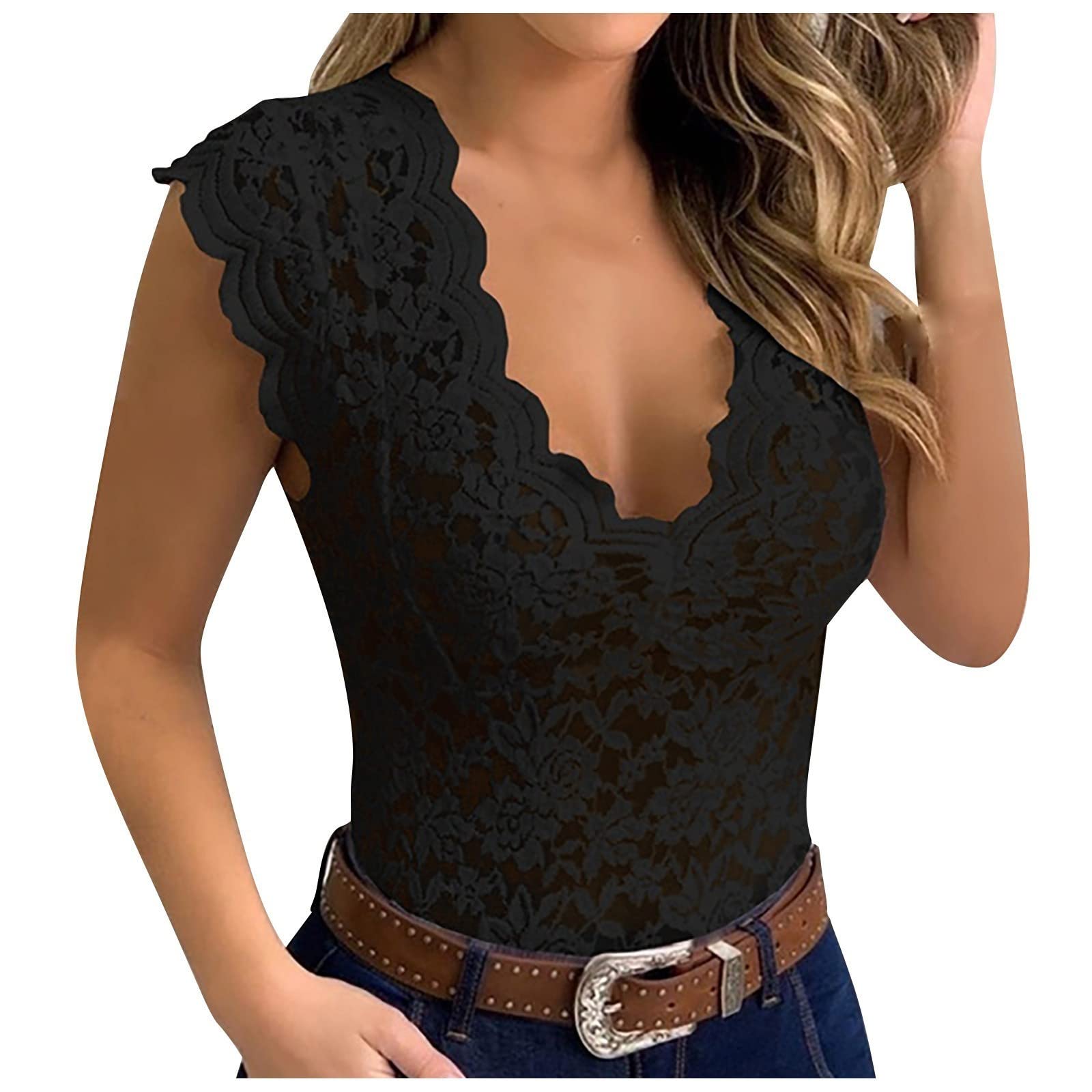 Women's Asymmetrical Blouses Deep V Neck Lace Cap Sleeve Tank Tops - Cute Loose Fit T-Shirts for Casual Wear, Summer Outfits & Layering