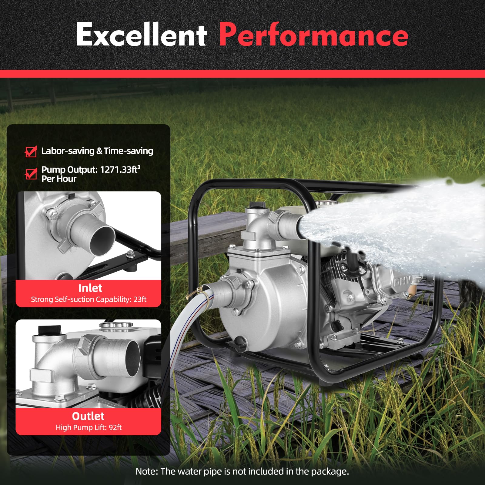 6.5HP 210cc 4-Stroke Gasoline Engine Water Pump - 2 Inch High Pressure 92ft Pump Lift, Portable Gas Powered Trash Pump for Farmland, Garden Irrigation, Flood Control & Drainage
